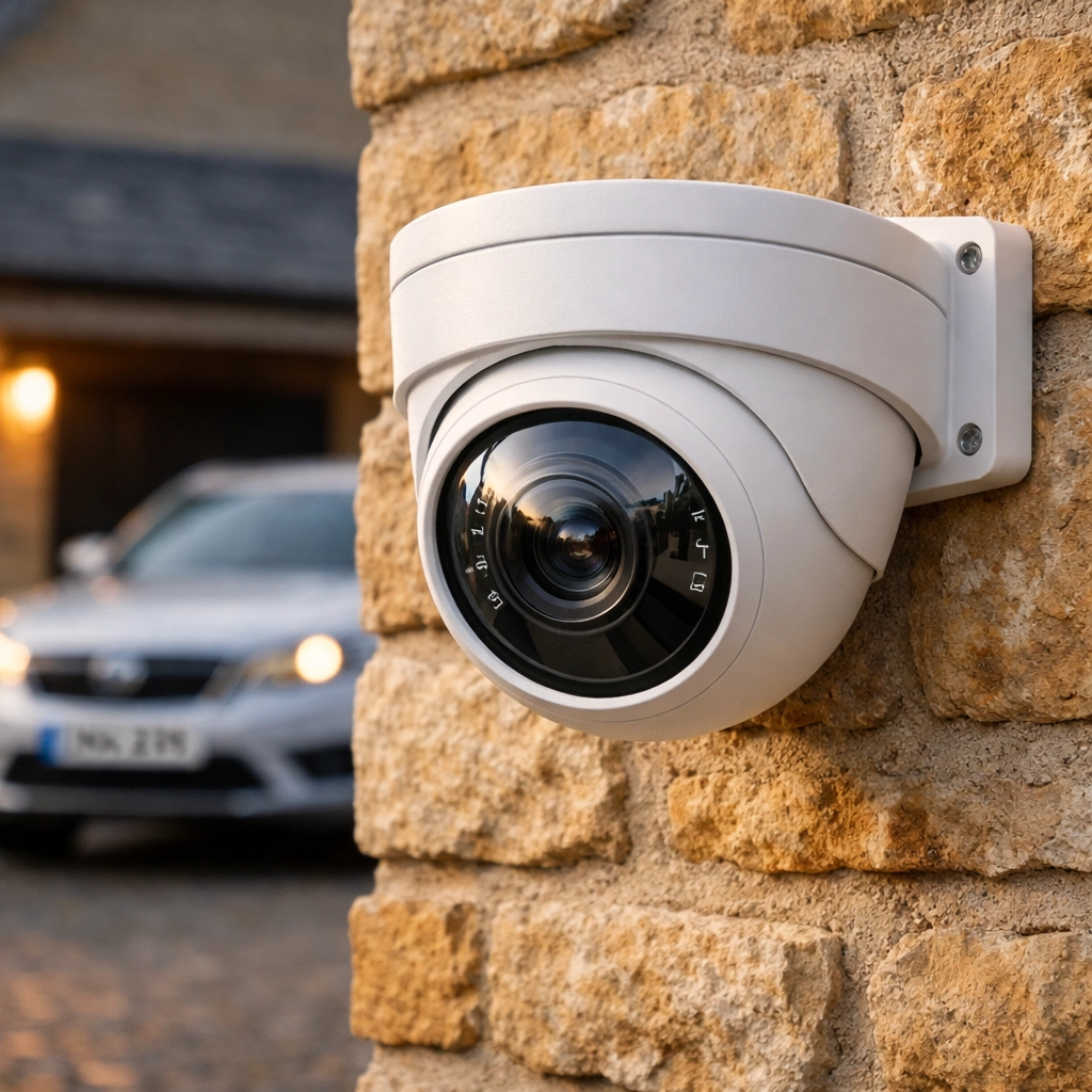 Professional NVR IP security camera installed on a traditional Cotswold stone wall.