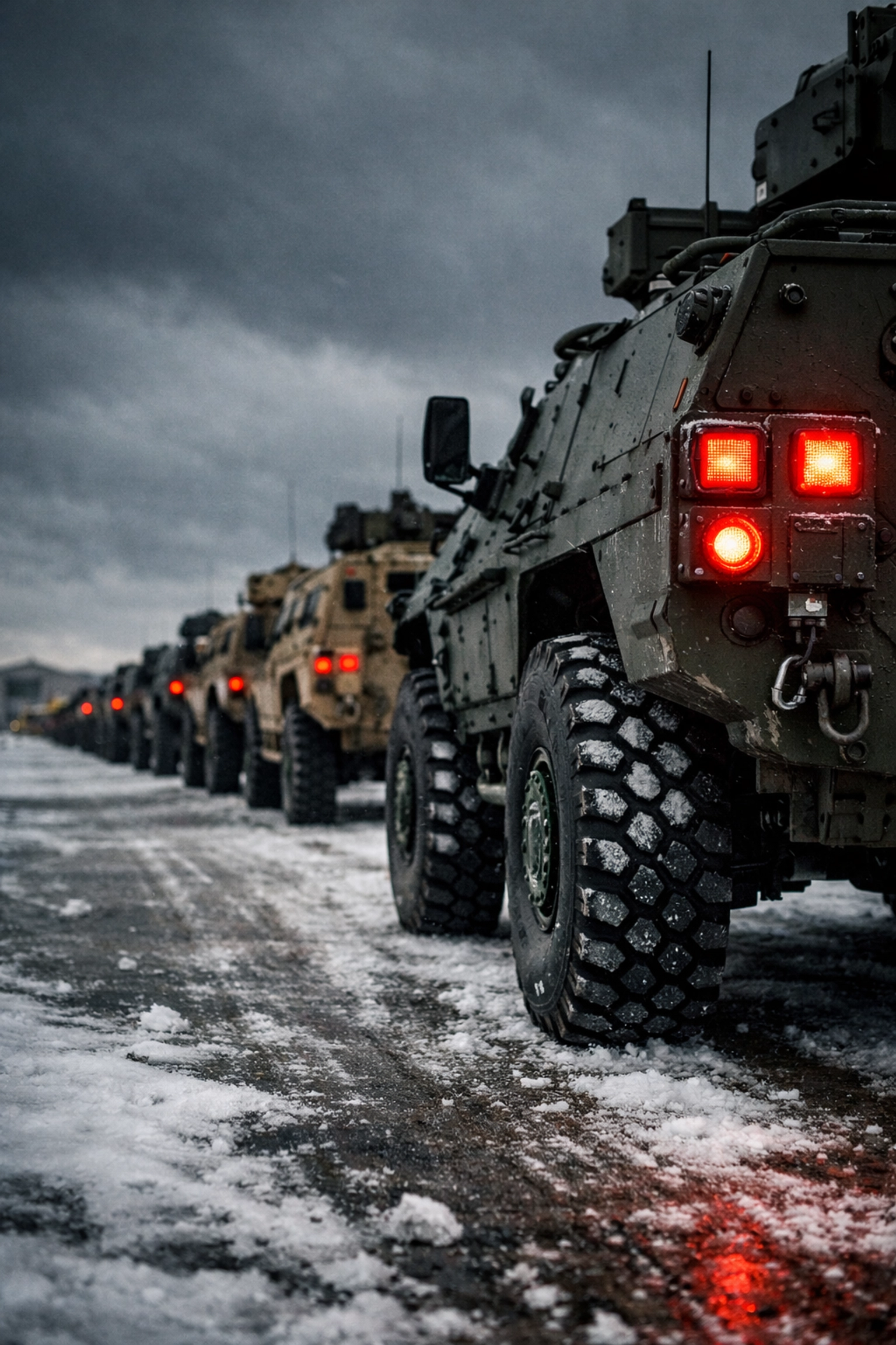 A column of Light Armoured Vehicles (LAV 6) ready for shipment as Canadian military aid.