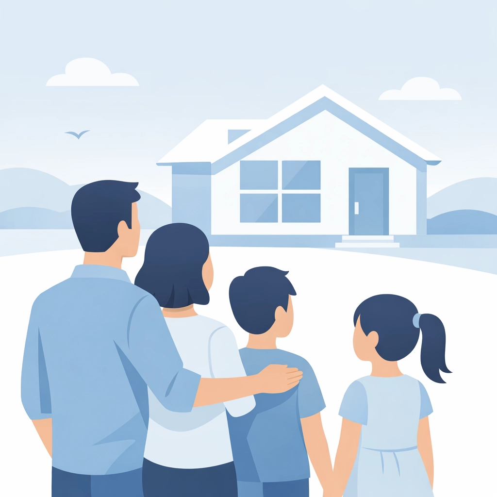 Familia latina visualizando su futura vivienda después de calificar para un crédito.