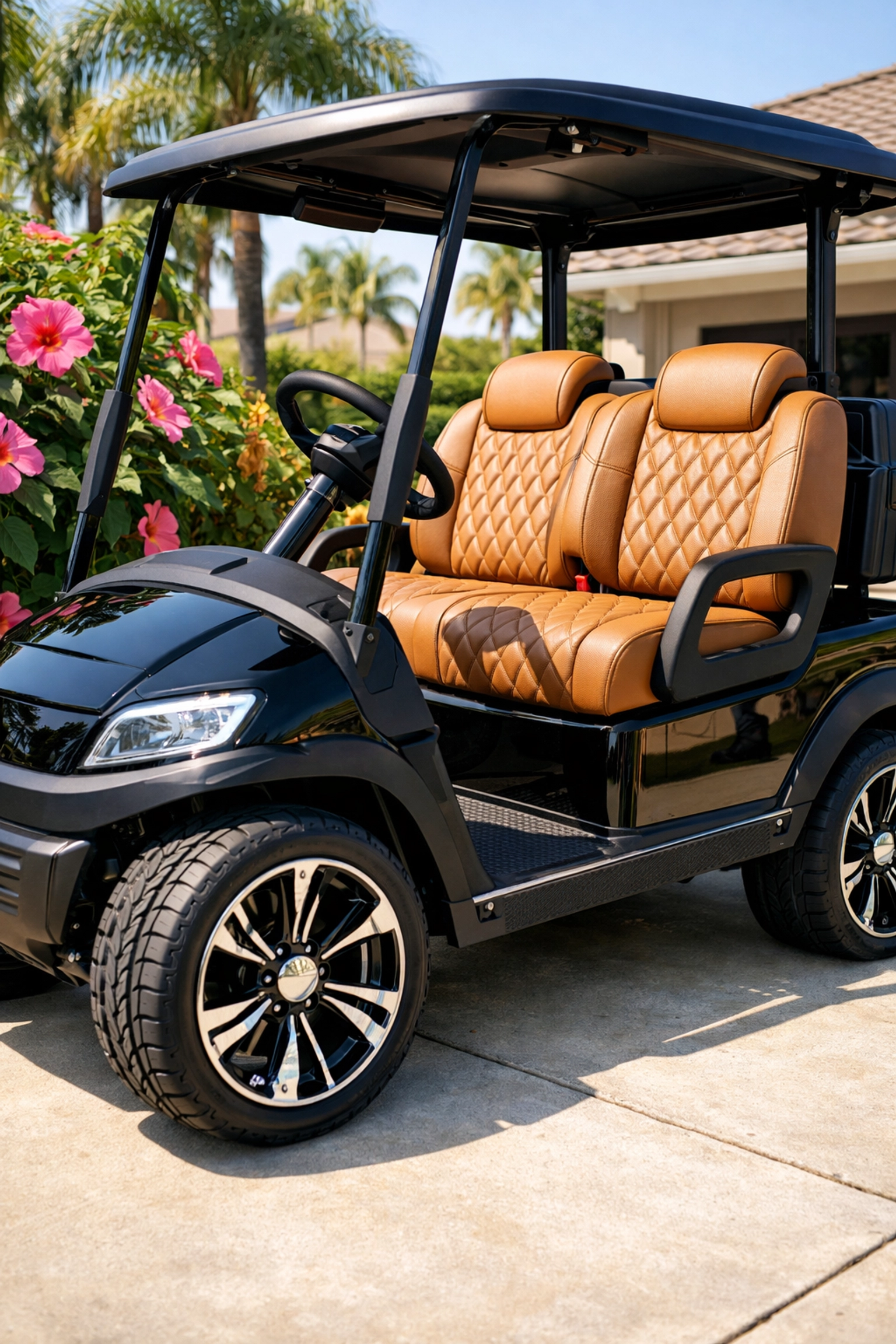 Upgraded custom golf cart with luxury rims and seats, representing quality golf carts for sale venice fl.
