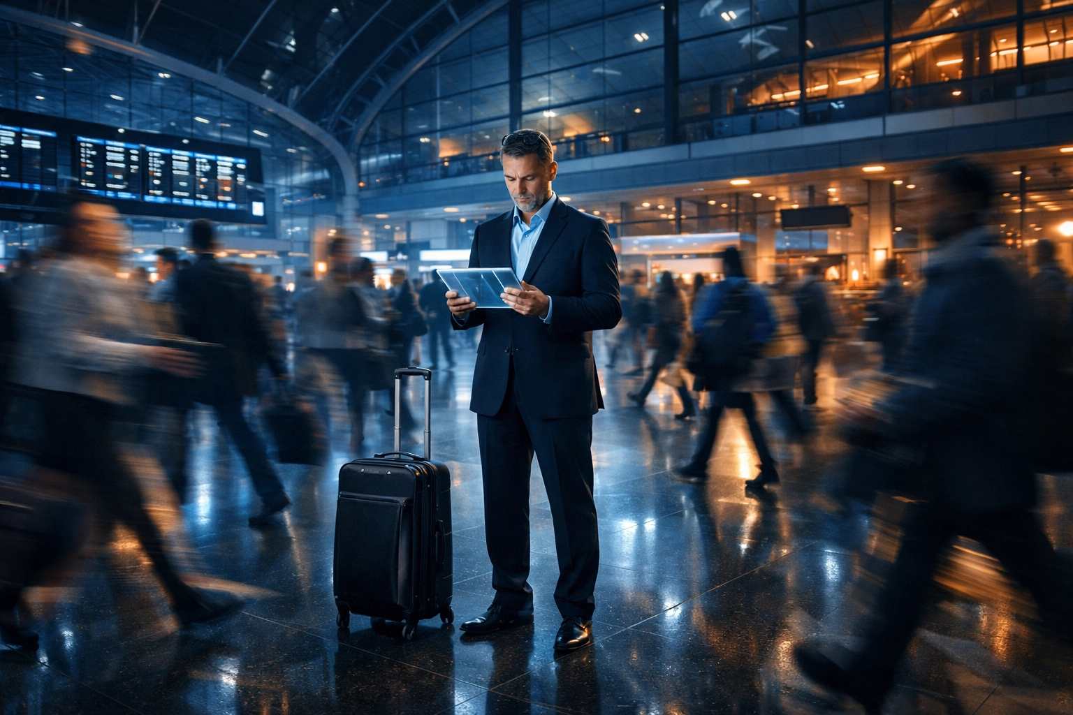 Business traveler using a tablet in a busy airport, symbolizing efficient automated travel management.