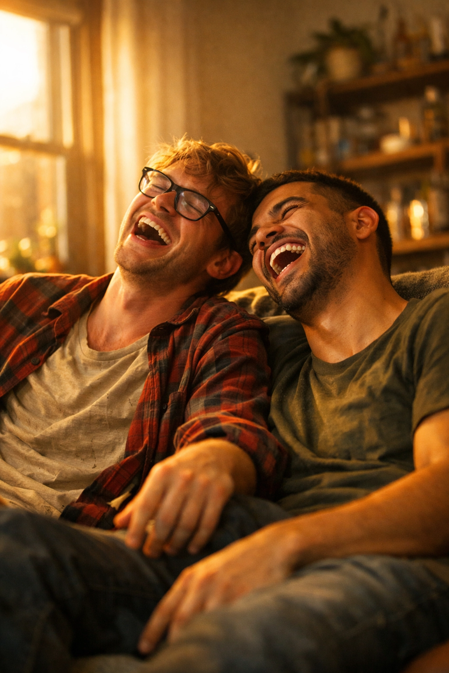 Two gay men laughing together on couch showing authentic queer joy and connection