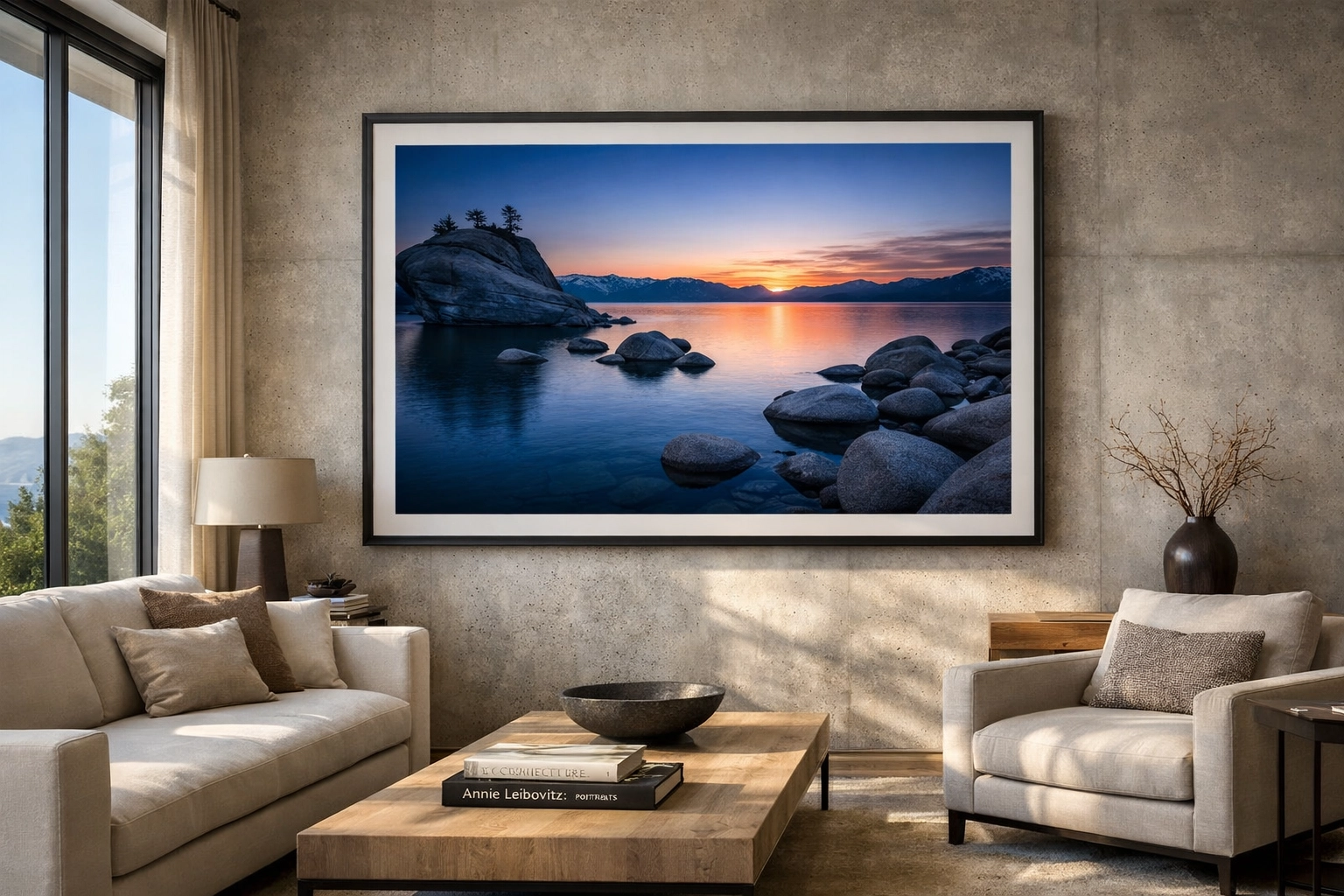 Modern living room featuring a large framed limited edition photography print of a Lake Tahoe sunset.