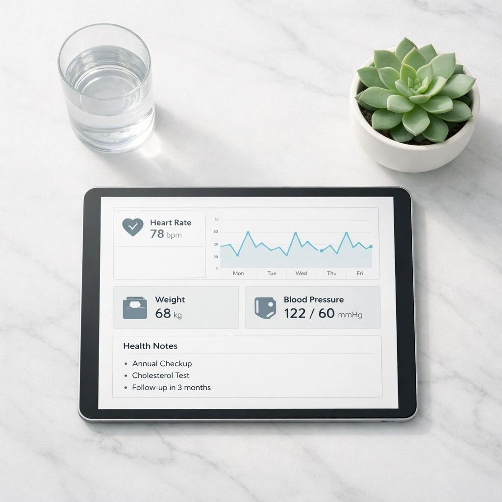 Clean office desk with a tablet showing patient data, illustrating a chiropractic digital marketing strategy.