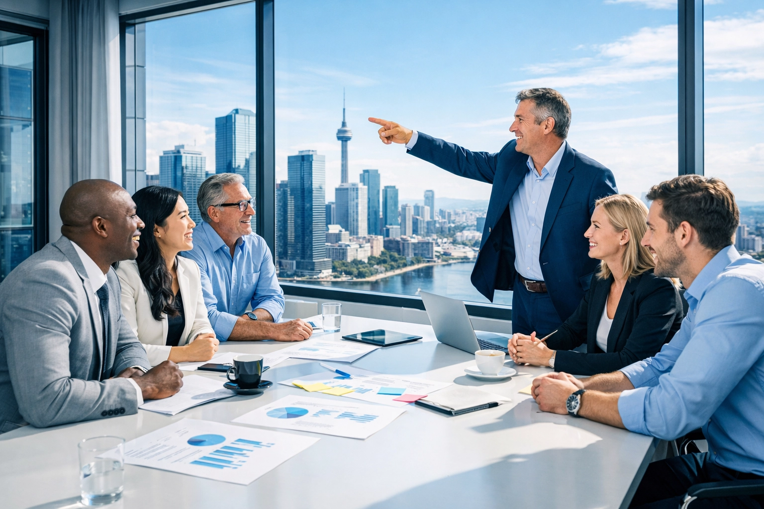 UK sales team collaborating on a high-impact strategy session in a modern corporate boardroom.