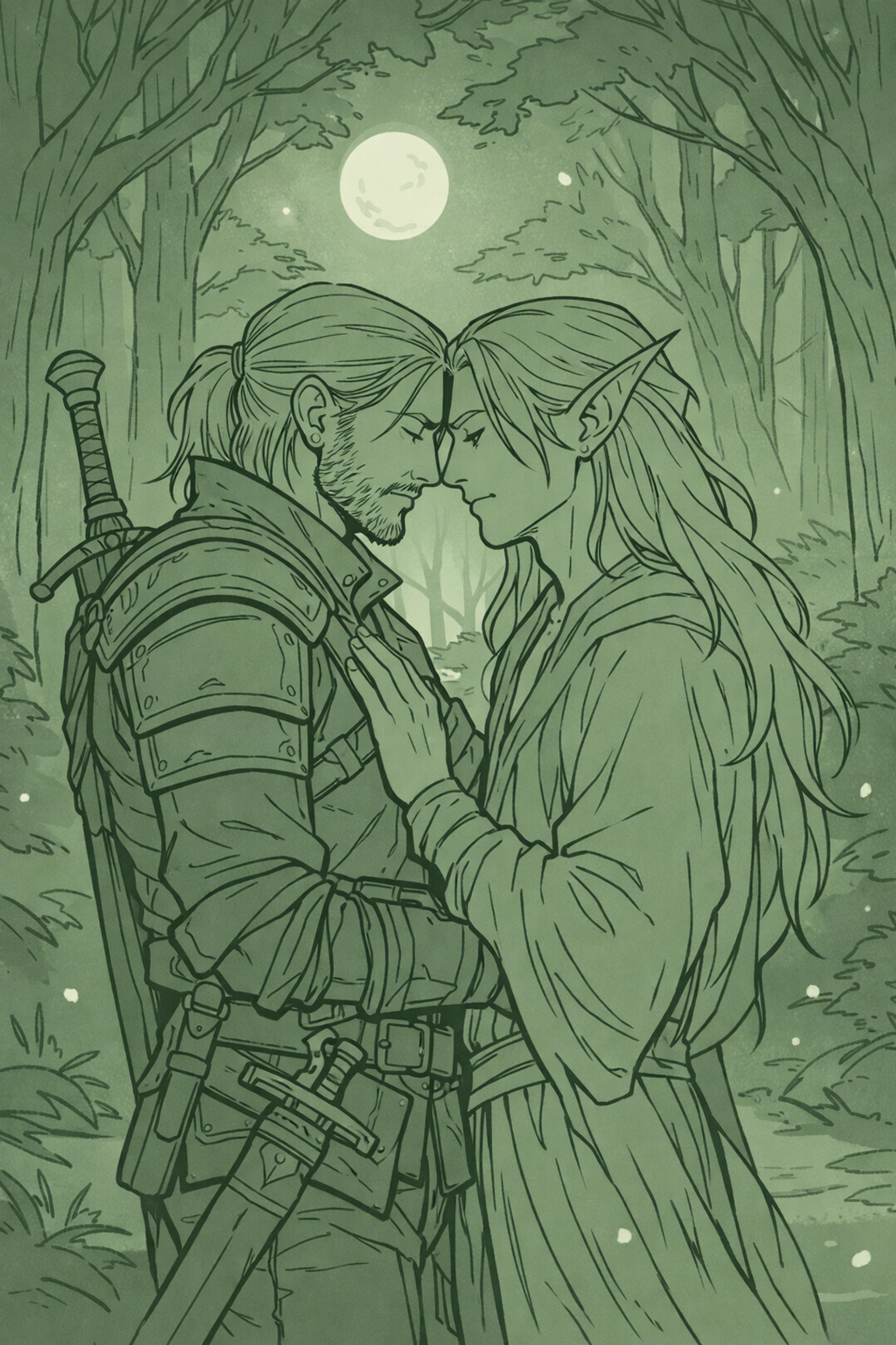 MM fantasy romance scene with witcher and supernatural man in intimate moonlit forest embrace
