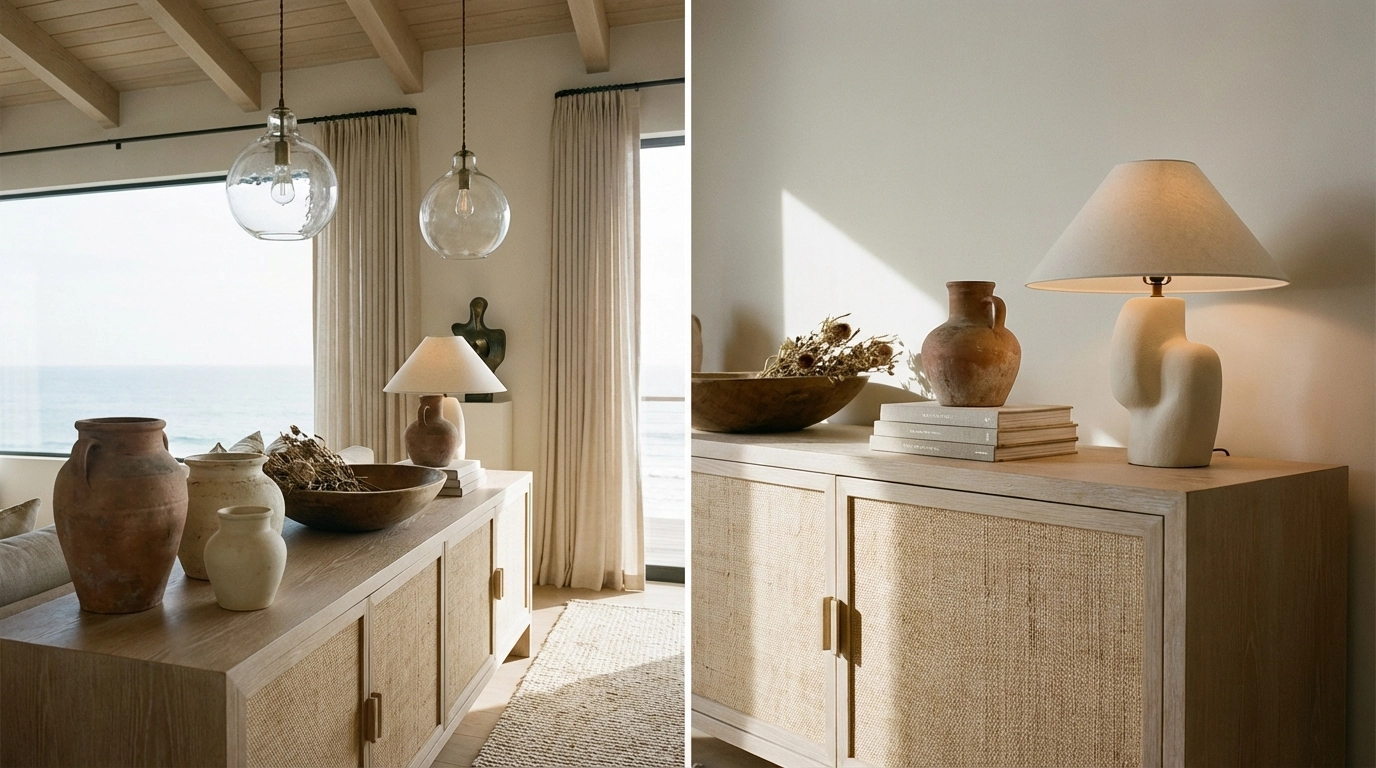 Minimalist high-end home decor with coastal sideboard and luxury accessories for event design inspiration