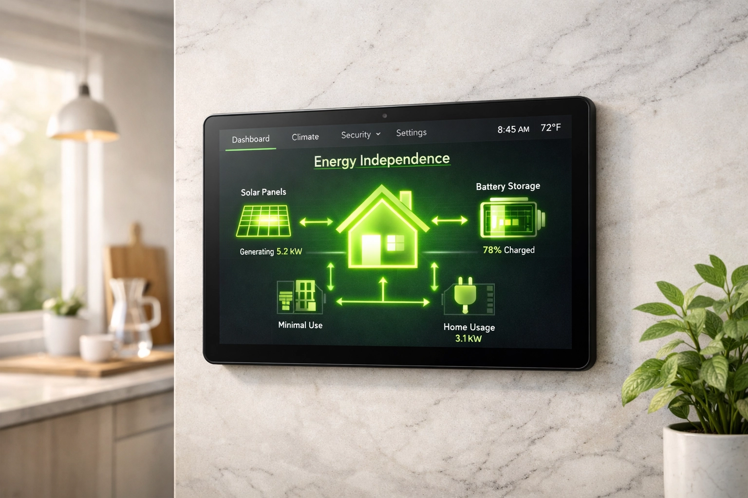 A smart home tablet in a modern kitchen showing real-time solar energy generation and grid independence.