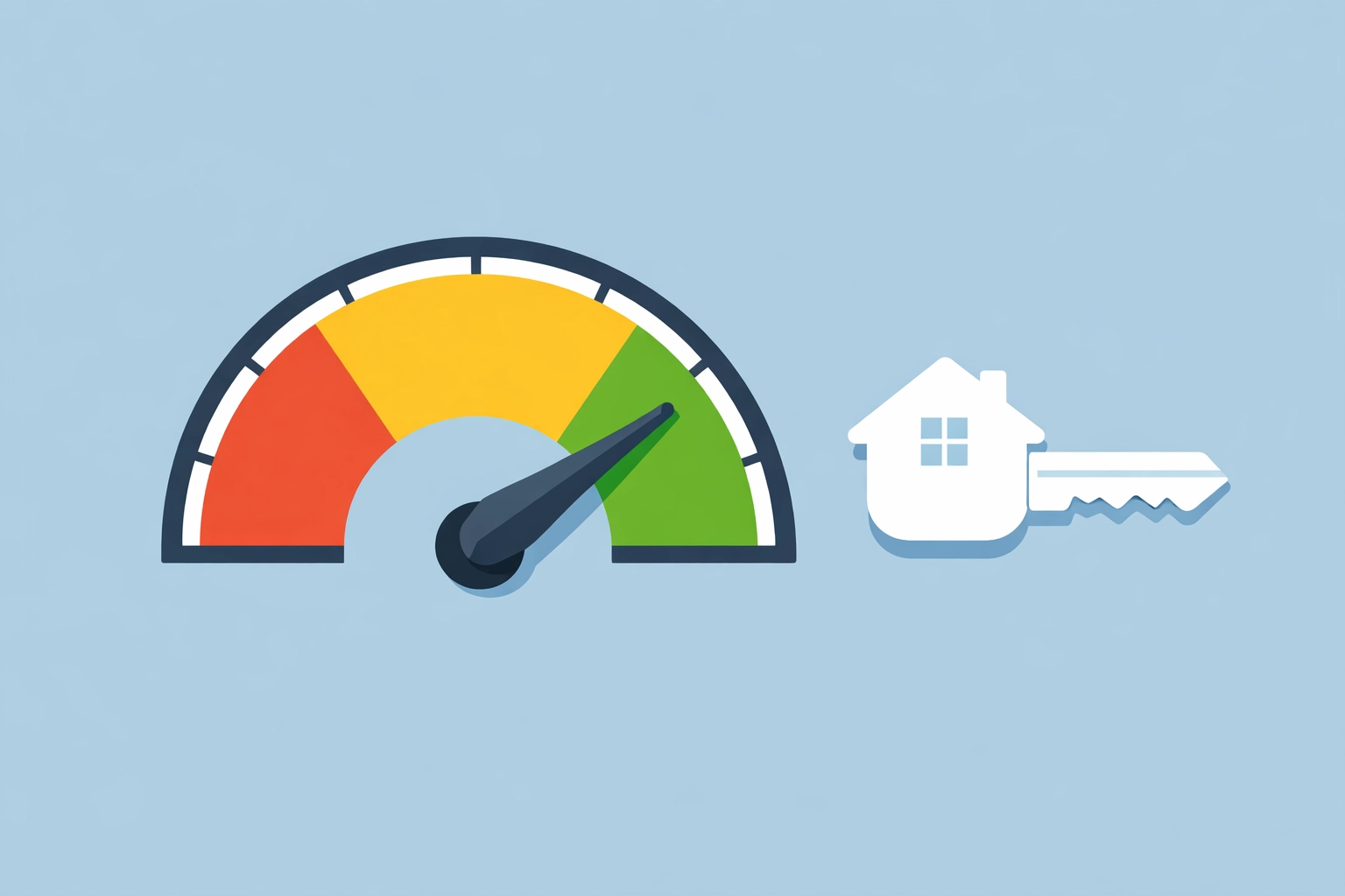 Indicador de score de crédito en verde y llave de hogar para reparación de crédito.