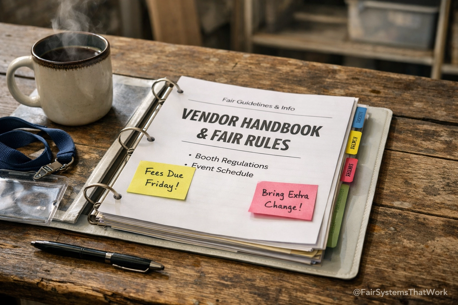 [IMAGE_1] A high-quality photo of a Vendor Handbook or Fair Rules document on a wooden table next to a coffee cup.