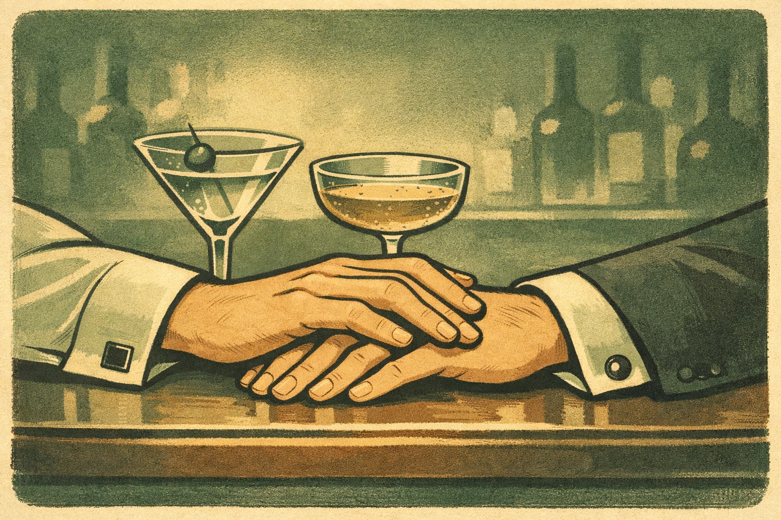 Two men's hands touching over cocktails in 1950s hidden gay bar scene