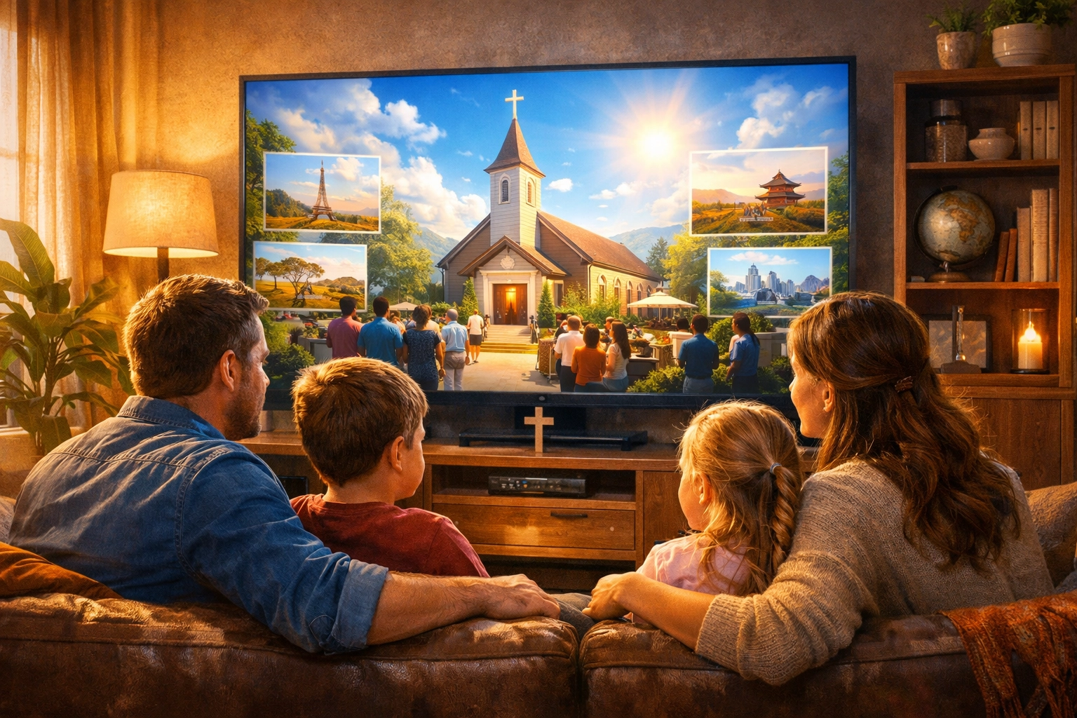 A family attending a digital church service together at home, experiencing global fellowship and unity.