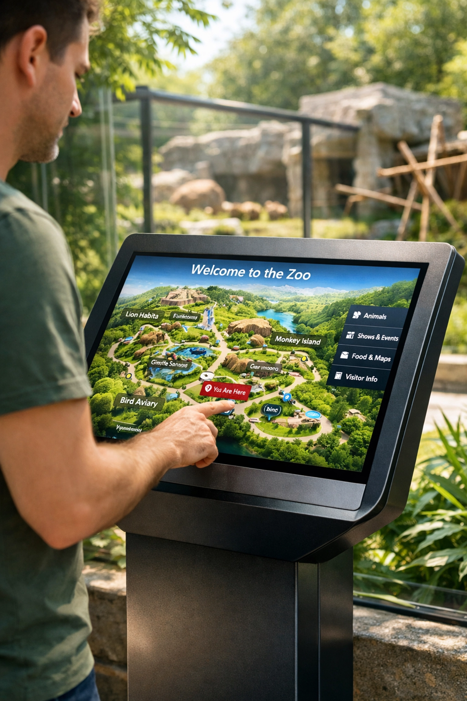 Interactive digital kiosk in a zoo environment showcasing multi-channel digital marketing and sponsorship integration.