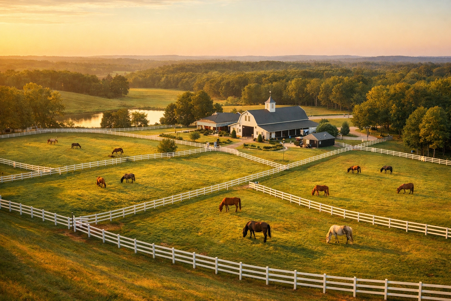 Aerial view of Waxhaw horse farm with white fenced pastures, barn, and grazing horses