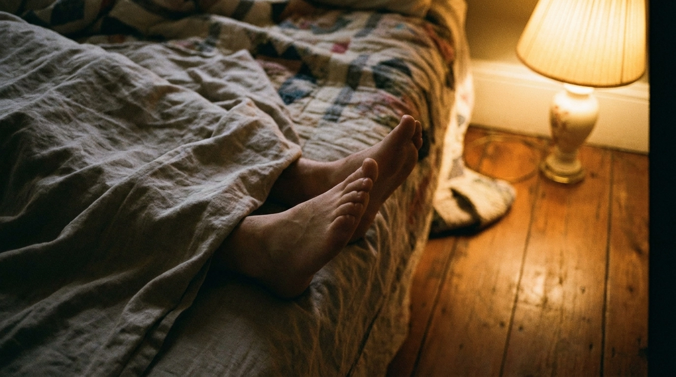 Sensual, teasing bare feet in bed with warm lamp light and rumpled sheets.