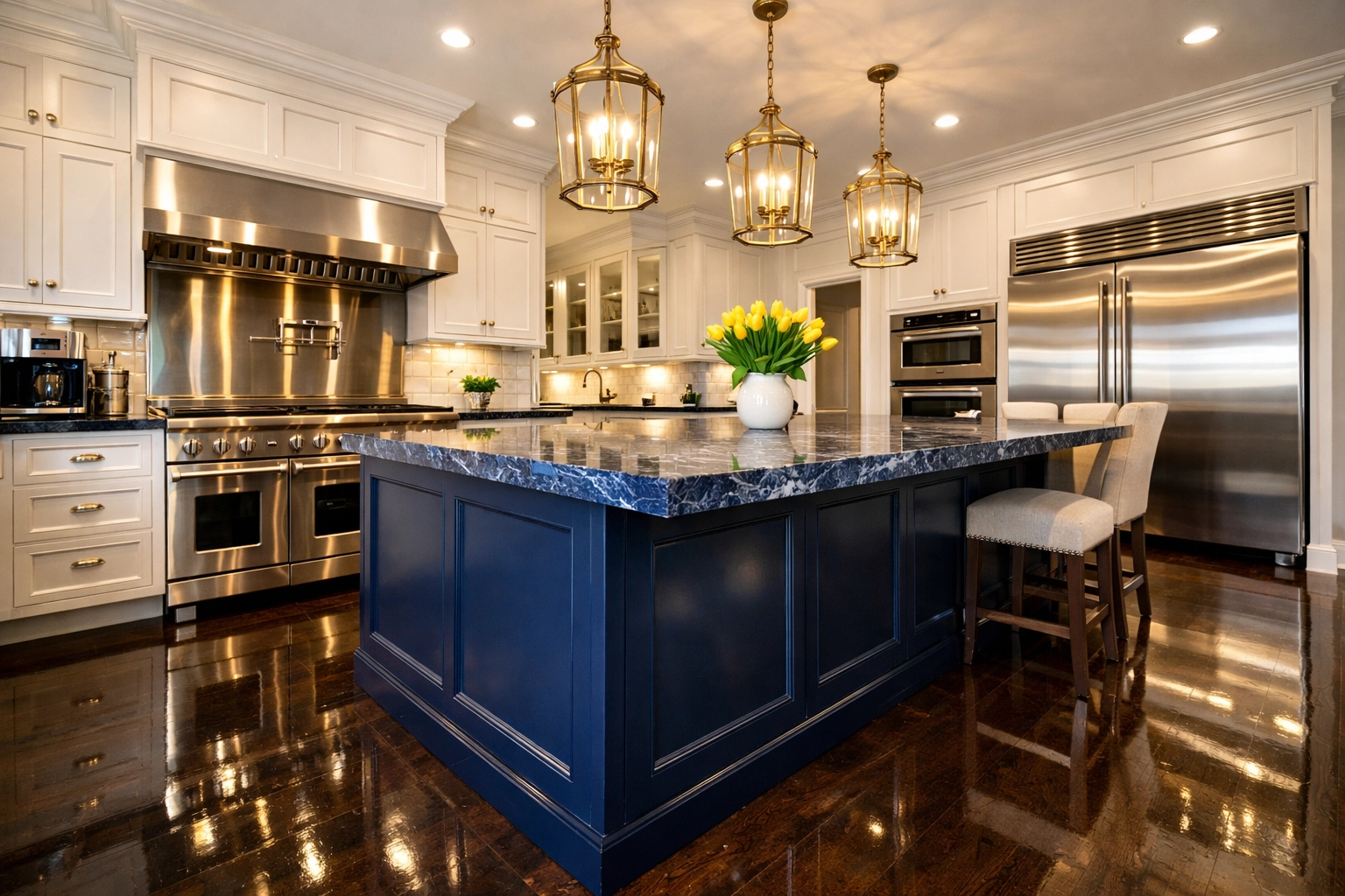 Deep cleaned luxury kitchen in a Concord manor with sparkling marble counters and stainless appliances.