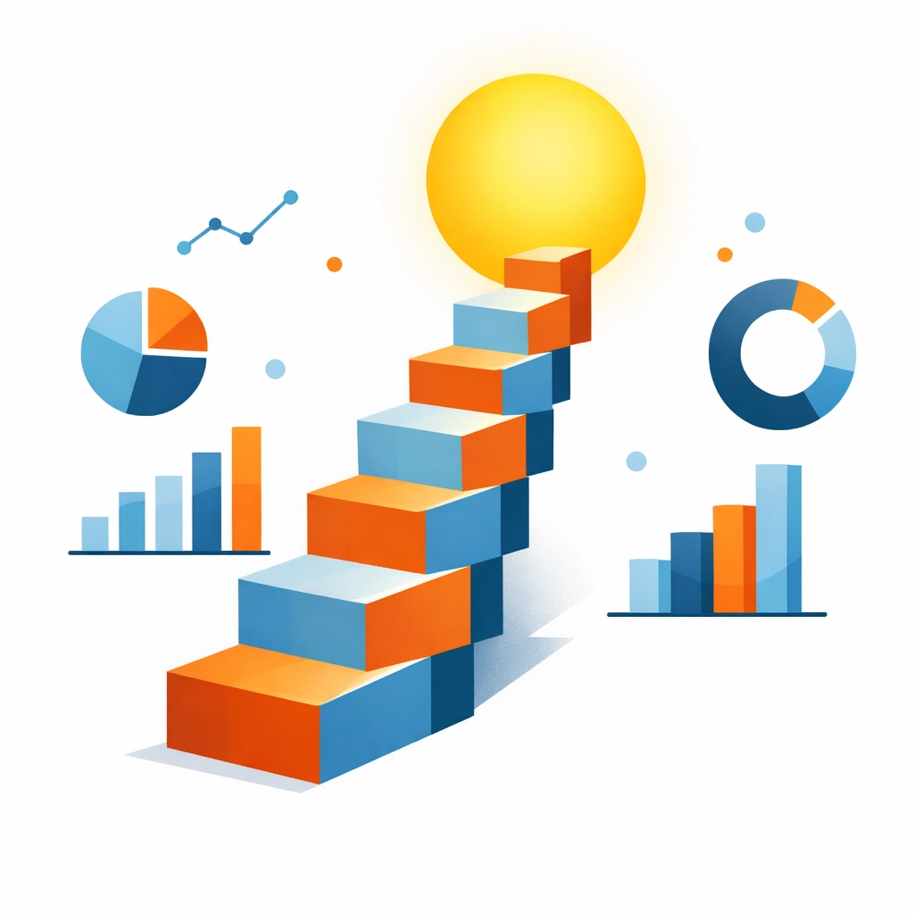 Abstract staircase and data symbols showing how learning analytics drive business growth and ROI.