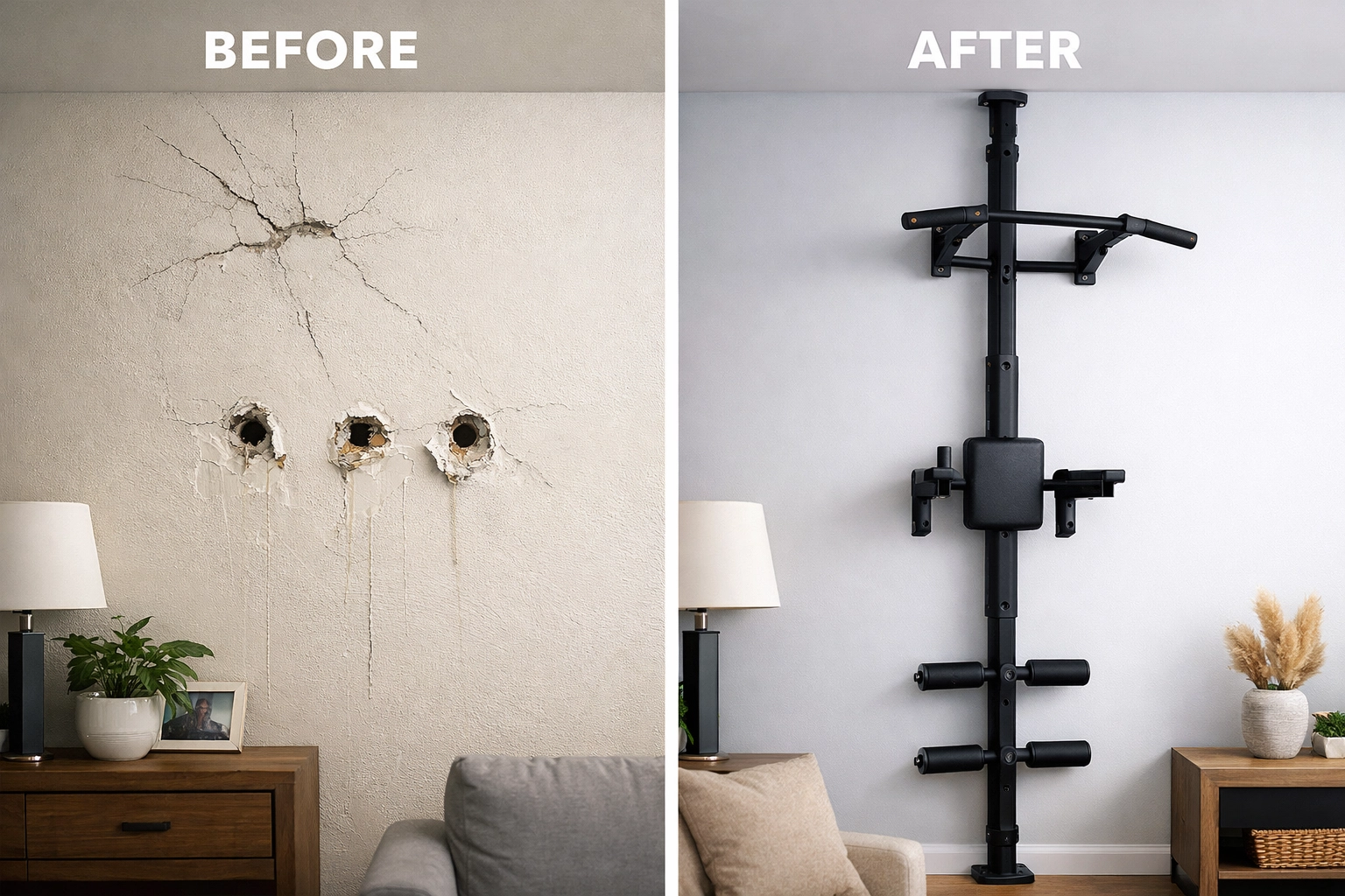 Pull up bar alternative using a no wall damage workout system to prevent drywall repairs.