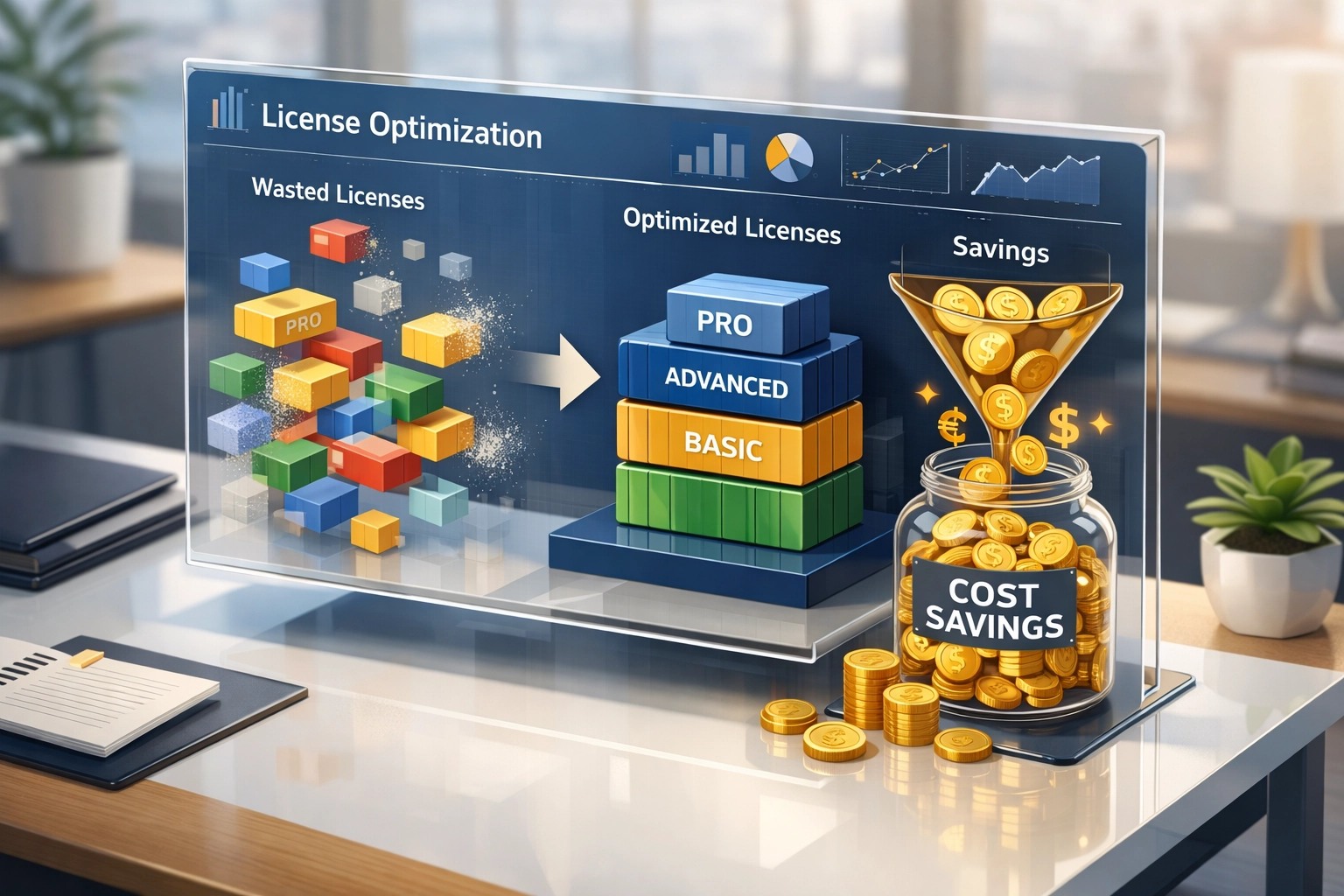 ServiceNow license optimization dashboard showing cost savings through consolidated ITOM licensing