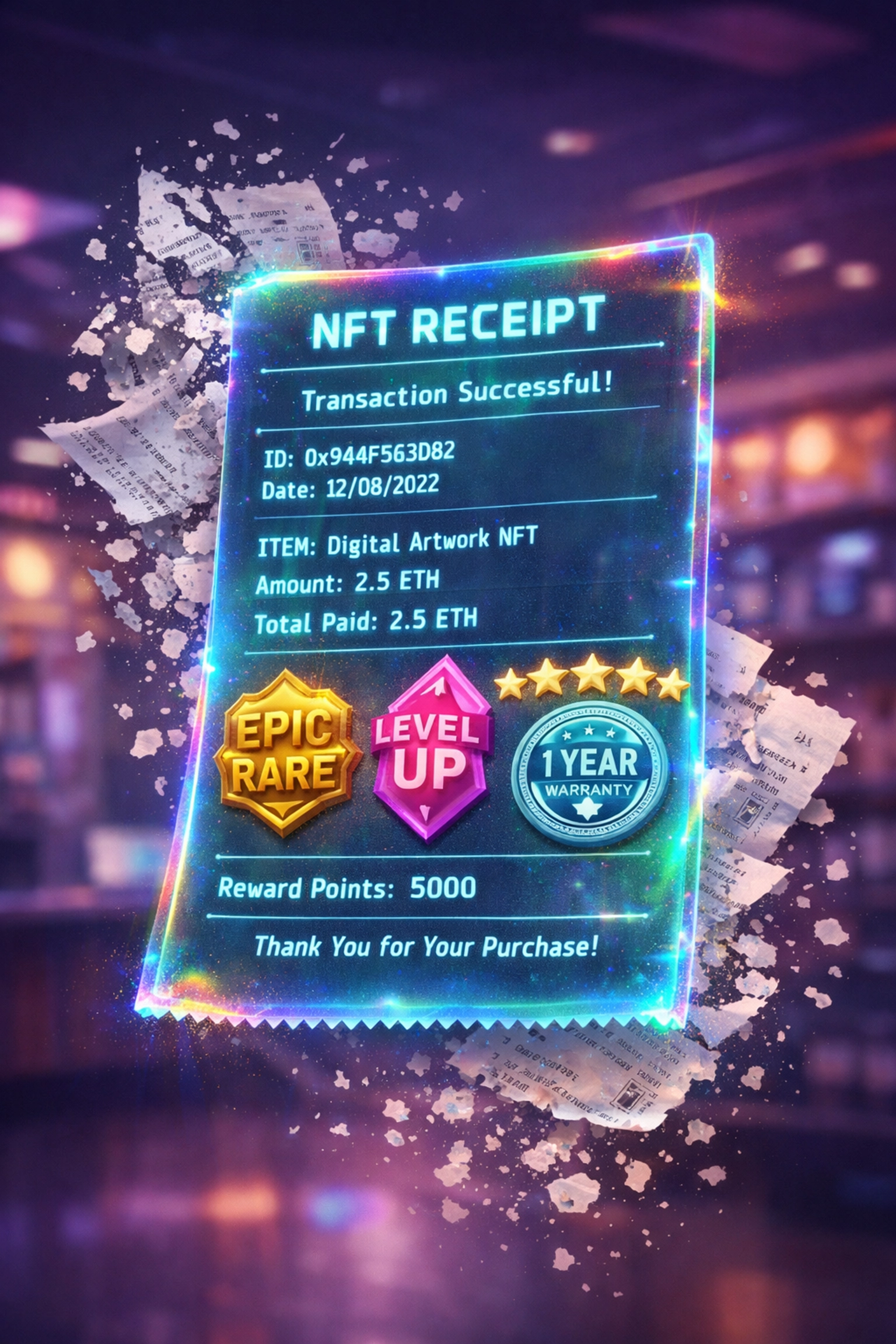 NFT receipt with transaction details and embedded rewards replacing traditional paper receipts