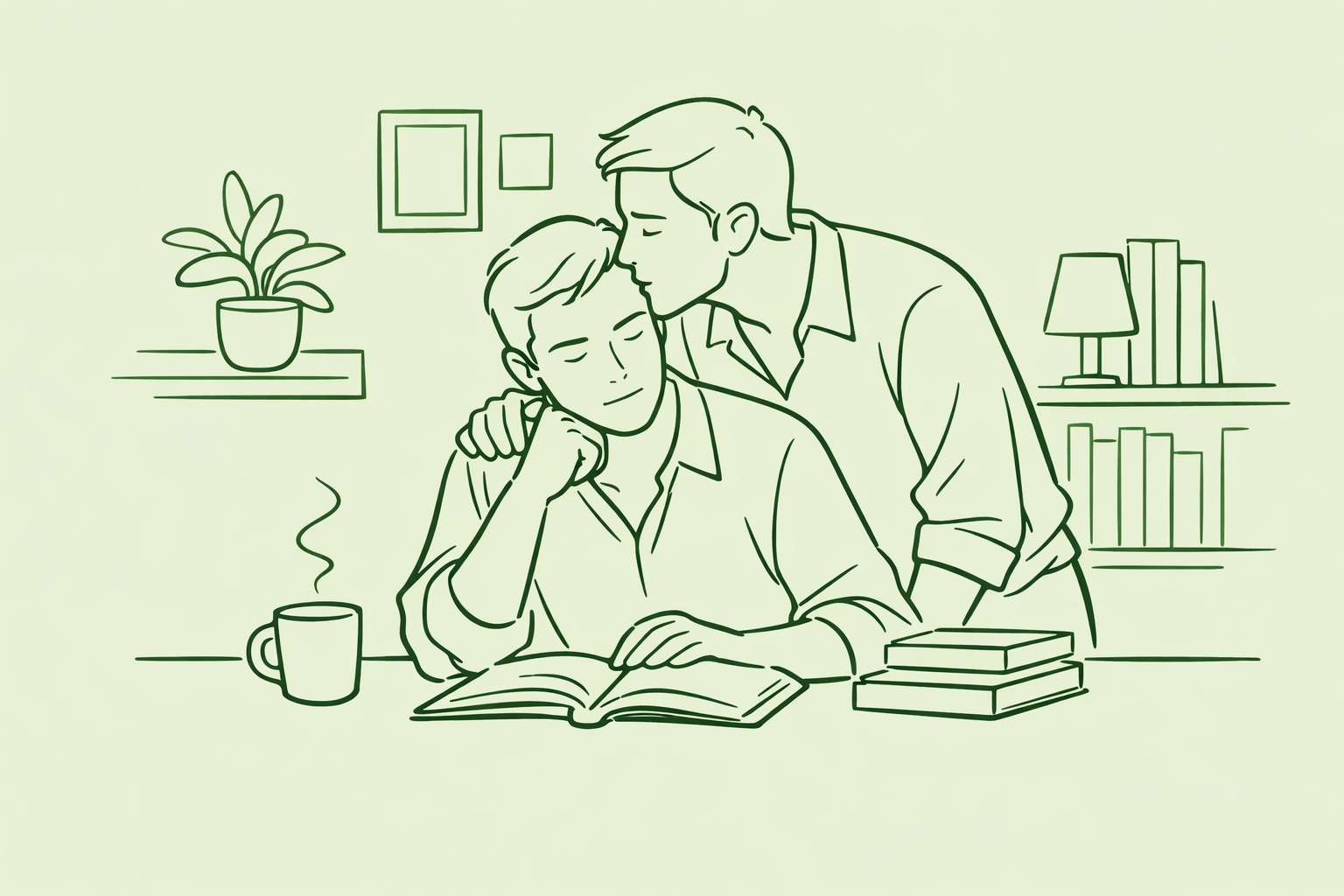 Illustration of two men reflecting in a study, representing the journey of reconciling faith and queer identity.