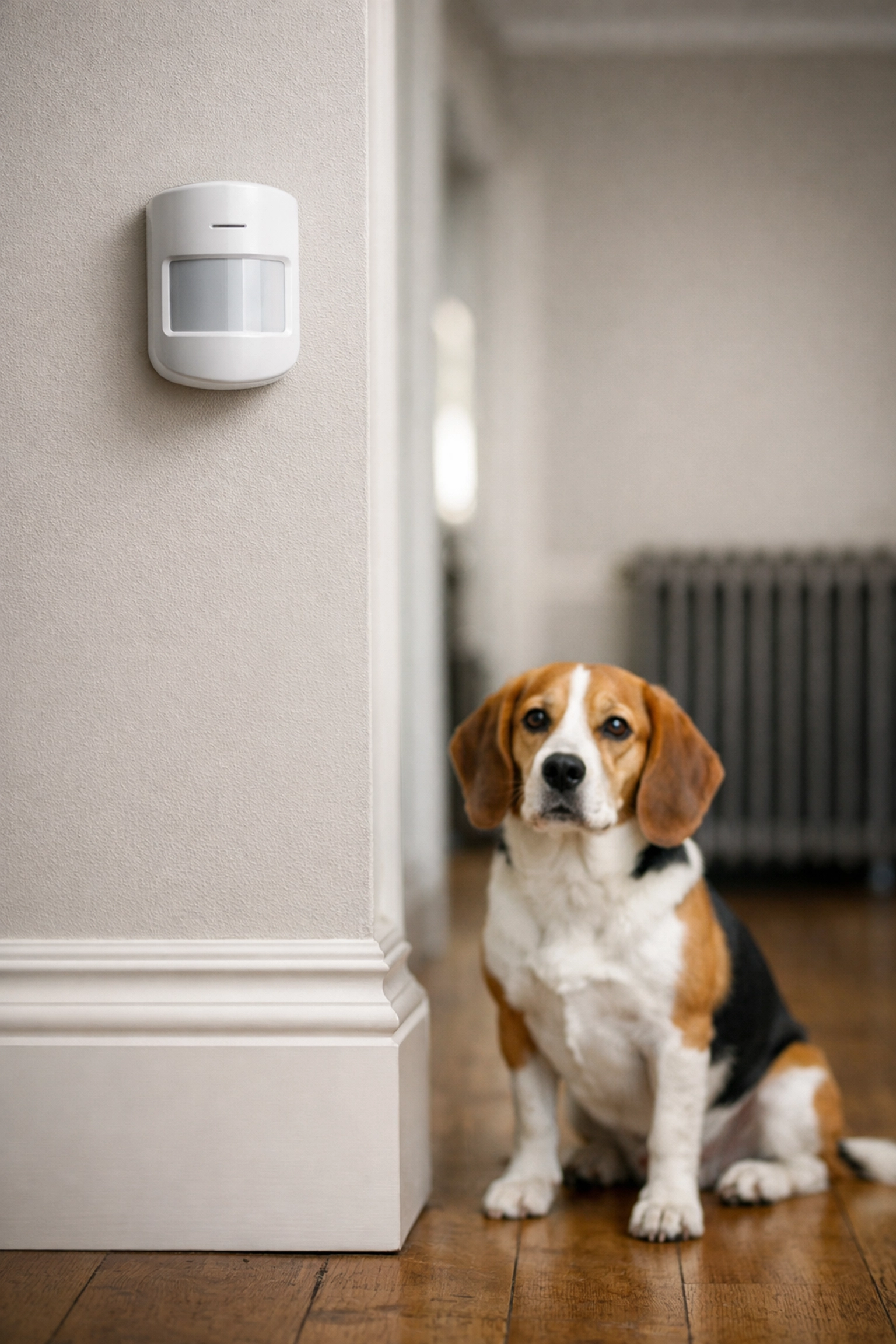Pet-friendly wireless motion sensor and intruder alarm installed in a modern Banbury home hallway.
