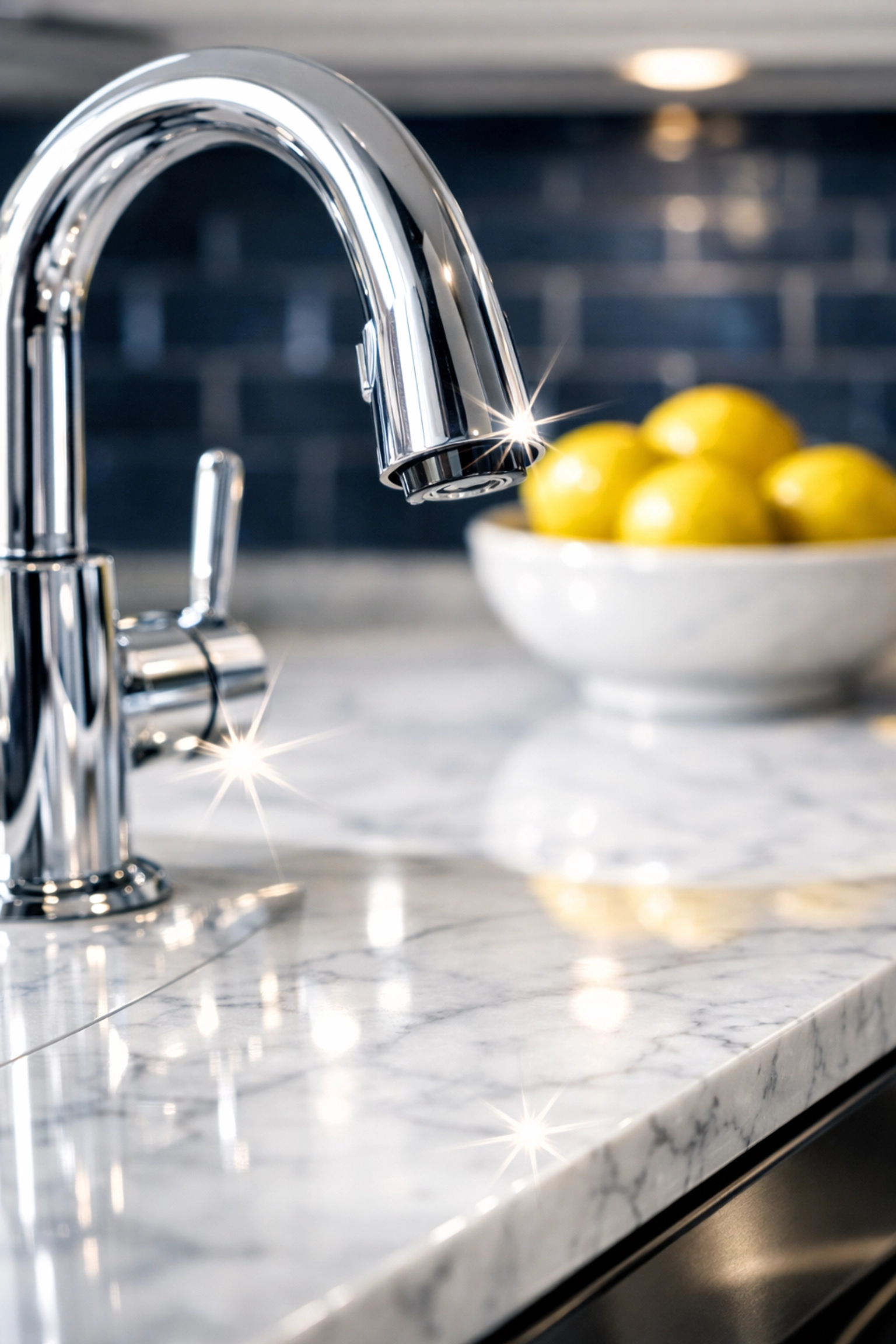 Polished kitchen faucet and marble countertop cleaned by a House Cleaning Service in Shrewsbury MA.