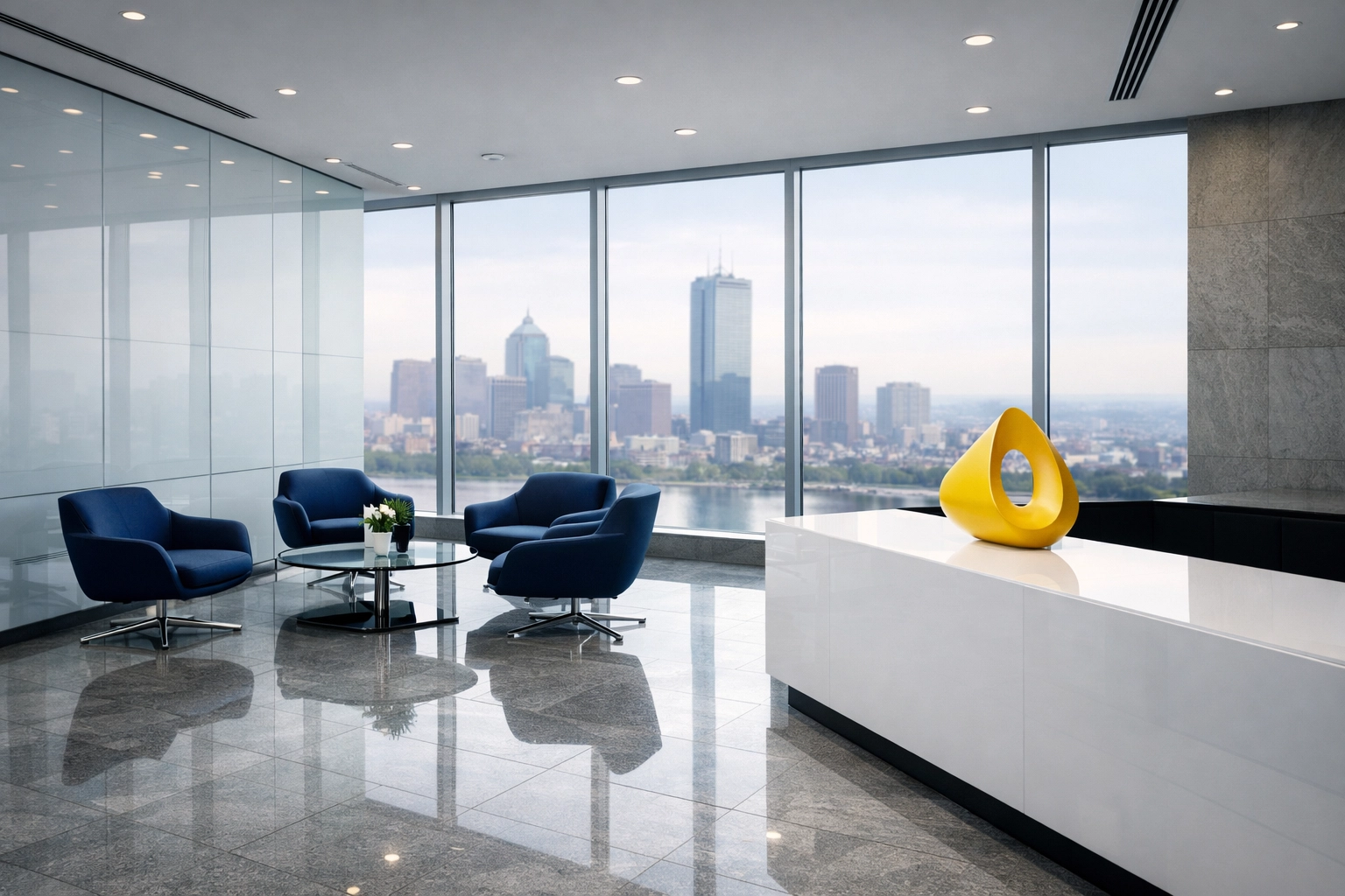 Spotless modern office lobby in Boston highlighting expert commercial cleaning and janitorial services.