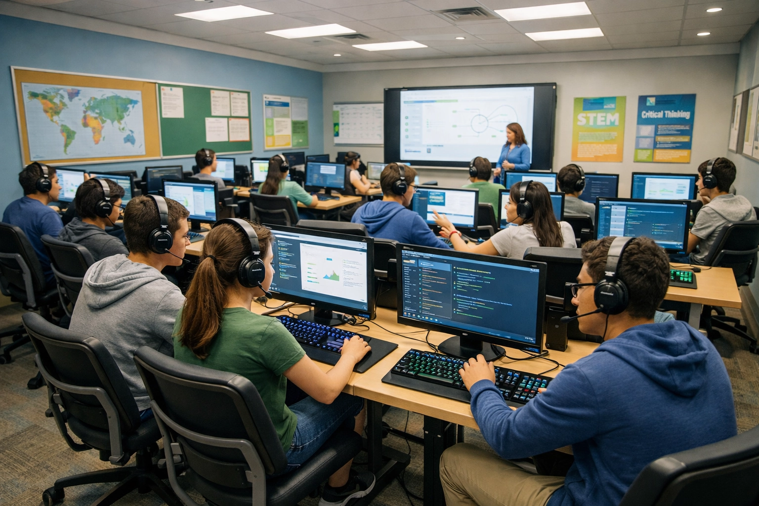 High school students learning digital skills in esports educational program with gaming equipment