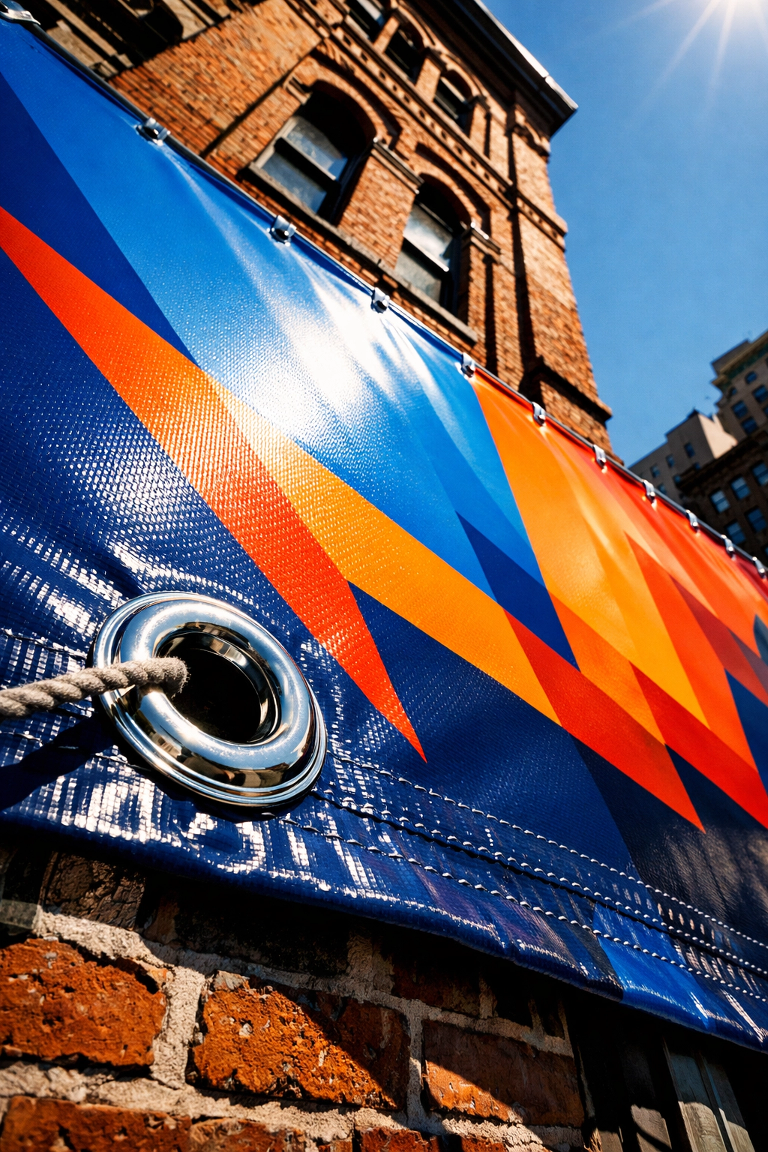 Professional large format vinyl banner installed on a downtown Troy building for maximum visibility.