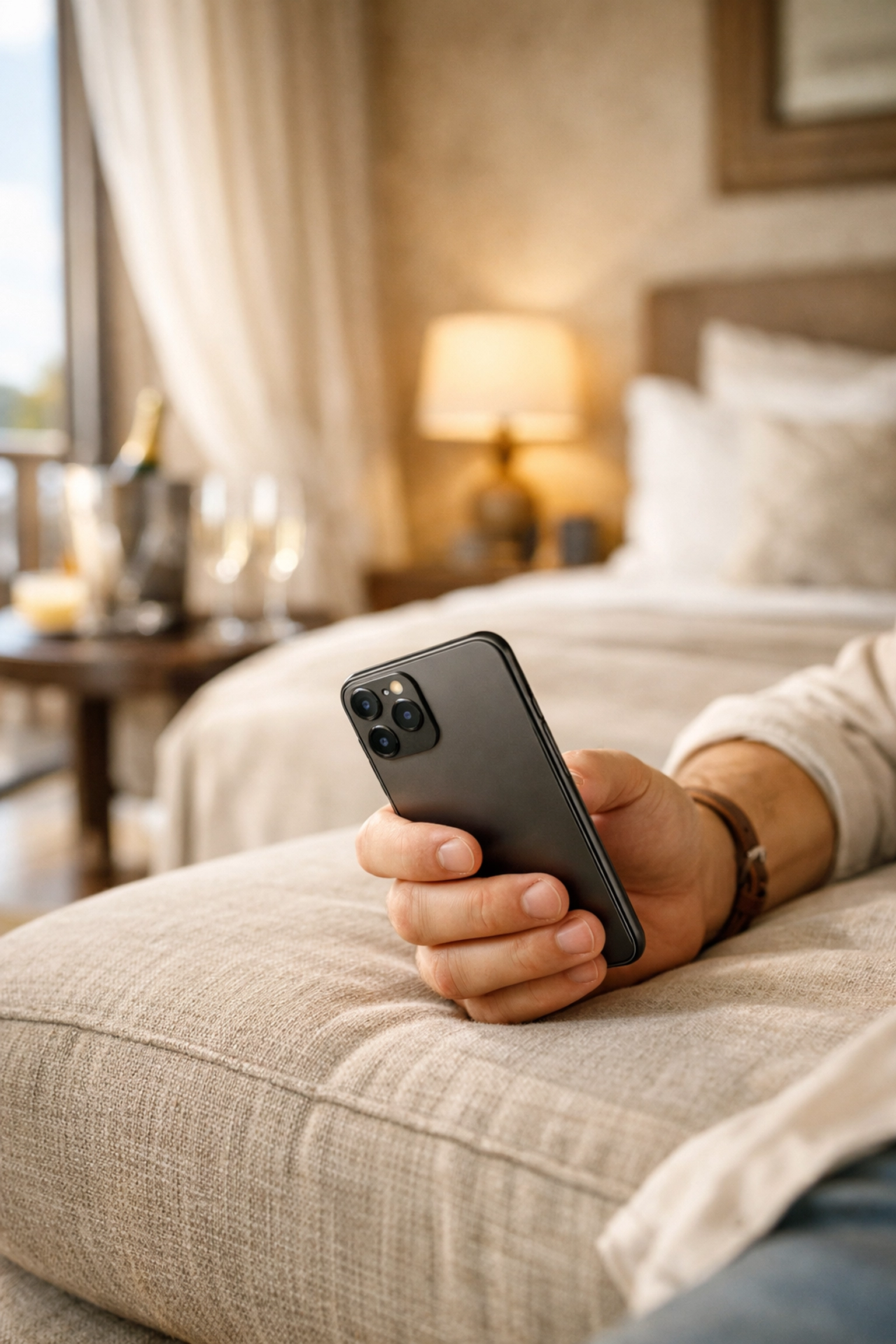 Traveler using a smartphone to book a stay through an AI travel agent in a luxury hotel suite.