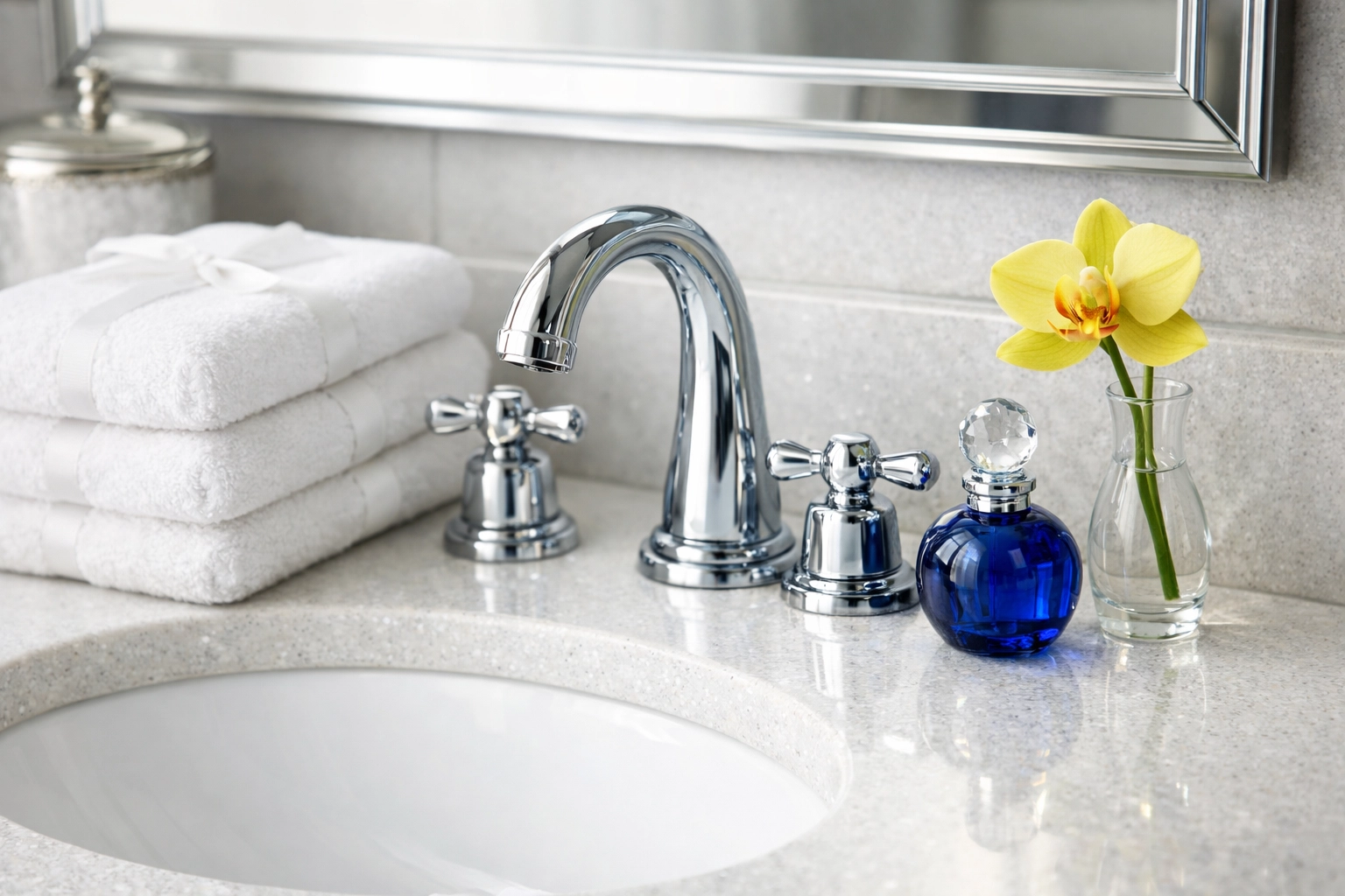 Deep-cleaned luxury master bathroom vanity featuring sparkling quartz countertops in a Concord residence.