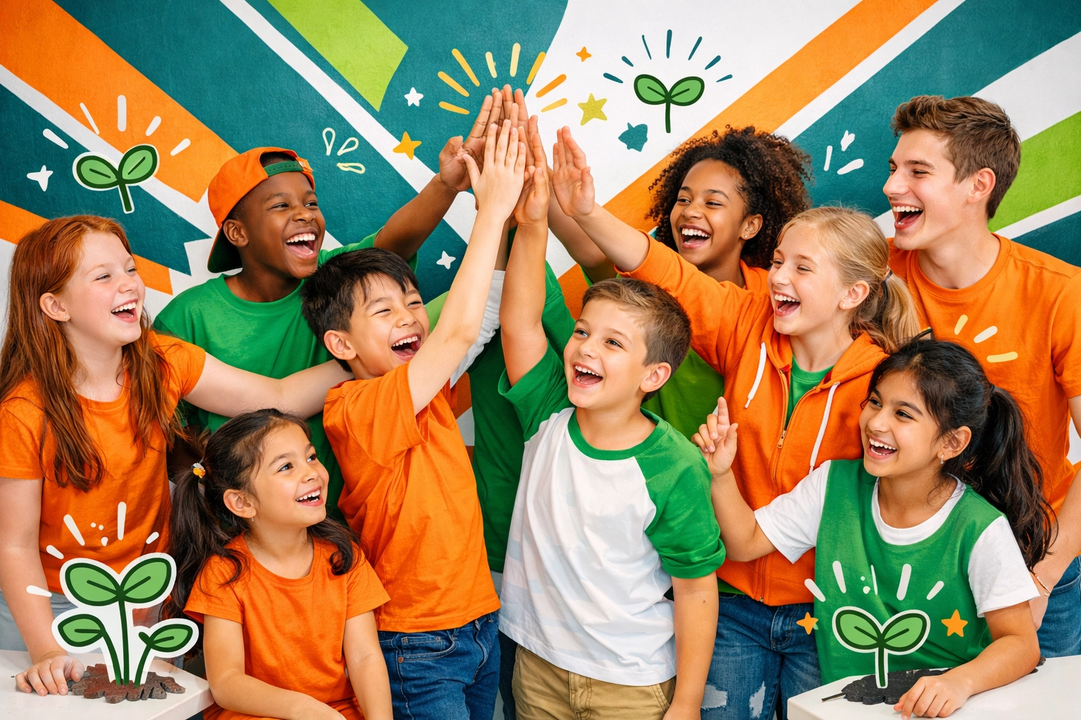 Joyful group of teens and children high-fiving, highlighting community and empowerment through life skills.