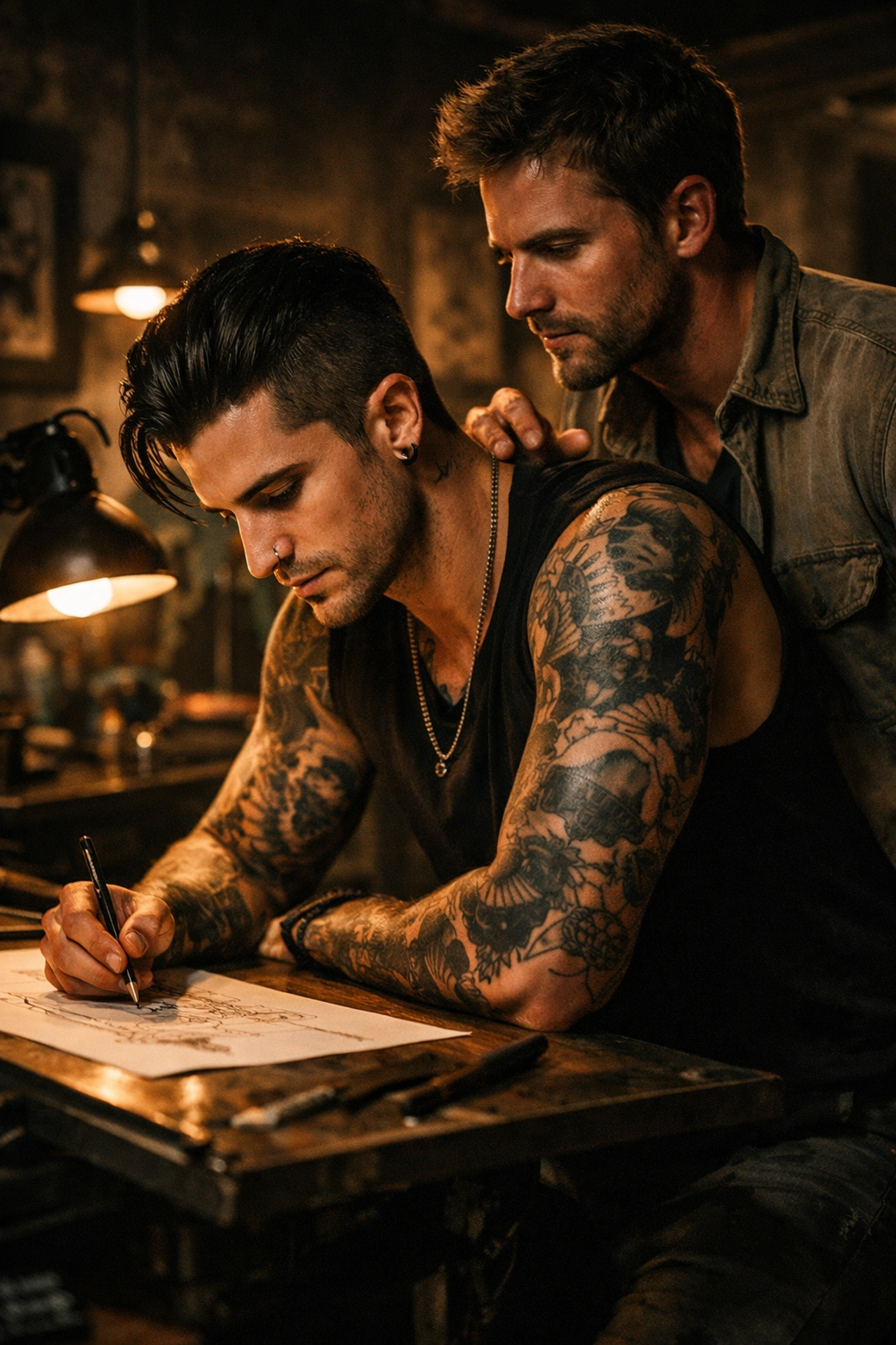 A tattooed artist and a rugged man sharing a moment of romantic tension in a moody studio setting.