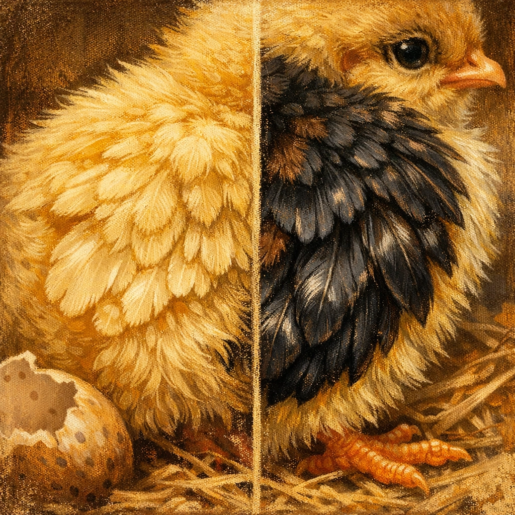Close-up of baby chick wings showing transformation from yellow fluff to black feathers