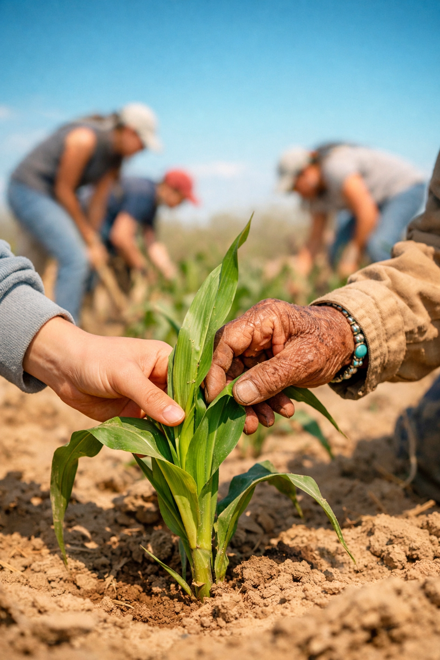 A student and Hopi elder working together to tend traditional corn crops in the High Desert.