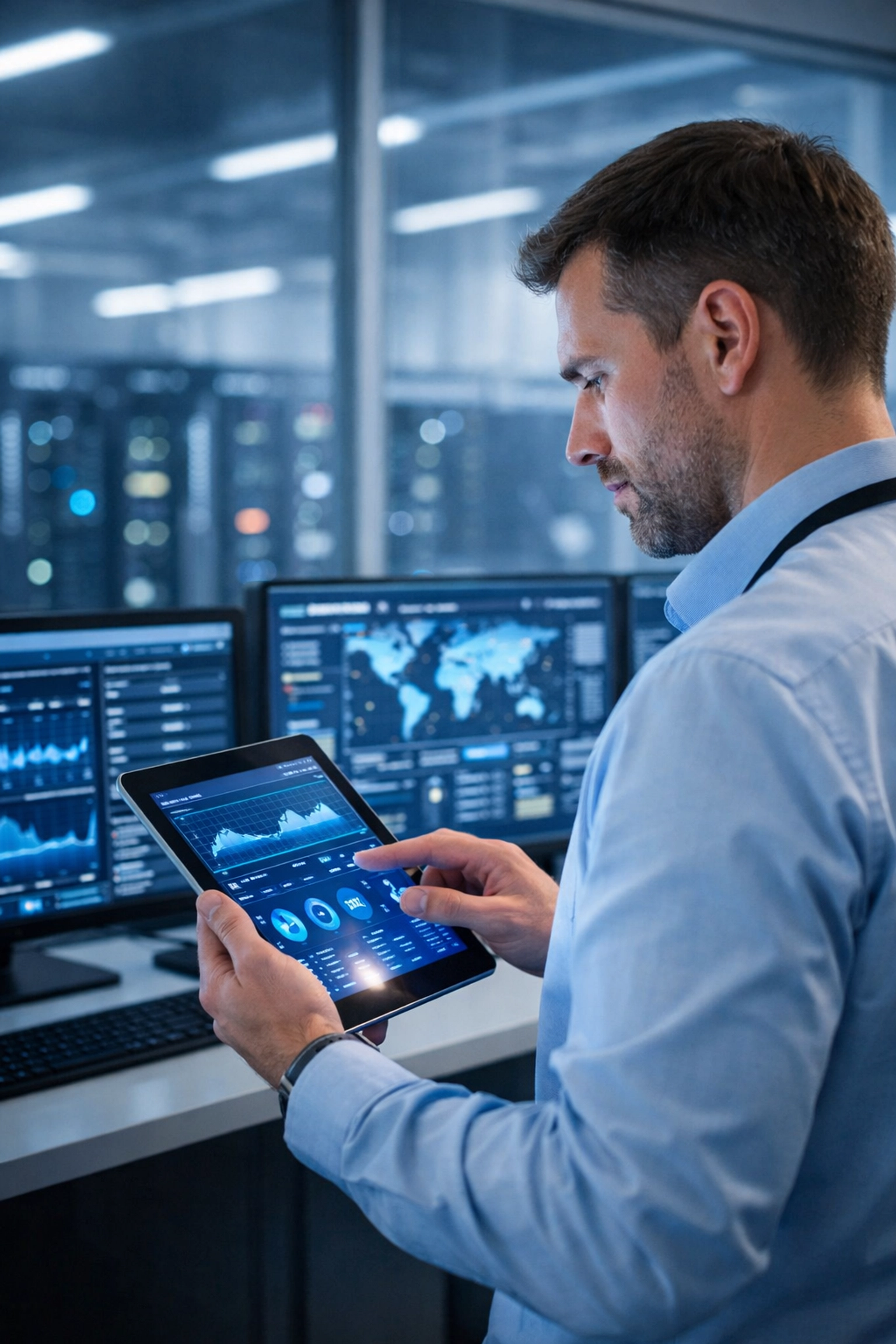 A technical specialist using a tablet to monitor ITOM and ITAM performance within a modern data center.