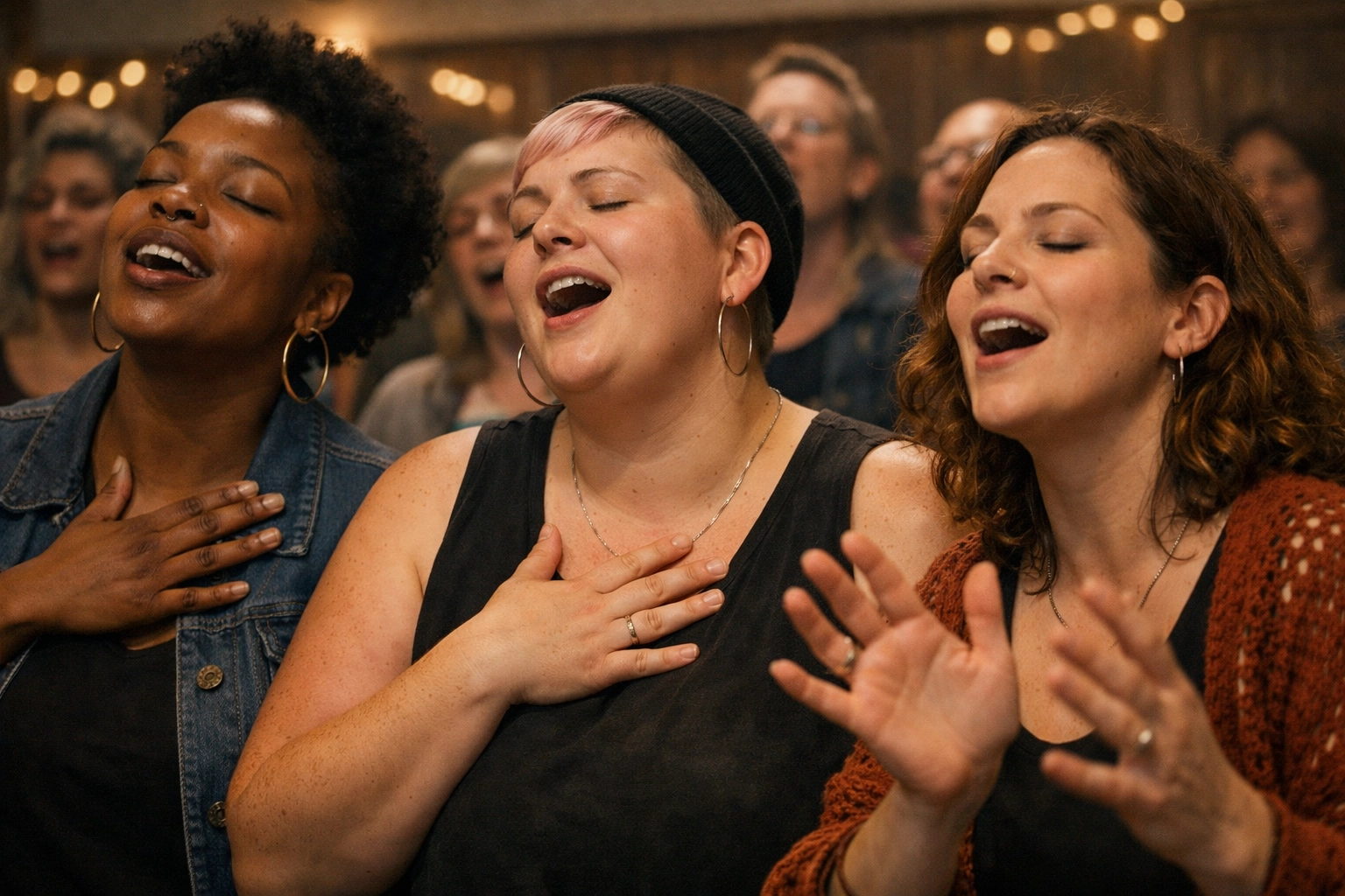 Queer women and non-binary people singing in harmony at a choir, building community through creative queer hobbies.