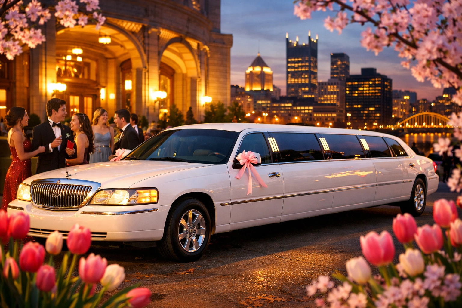 Prom limousine service in Pittsburgh with students celebrating at venue entrance