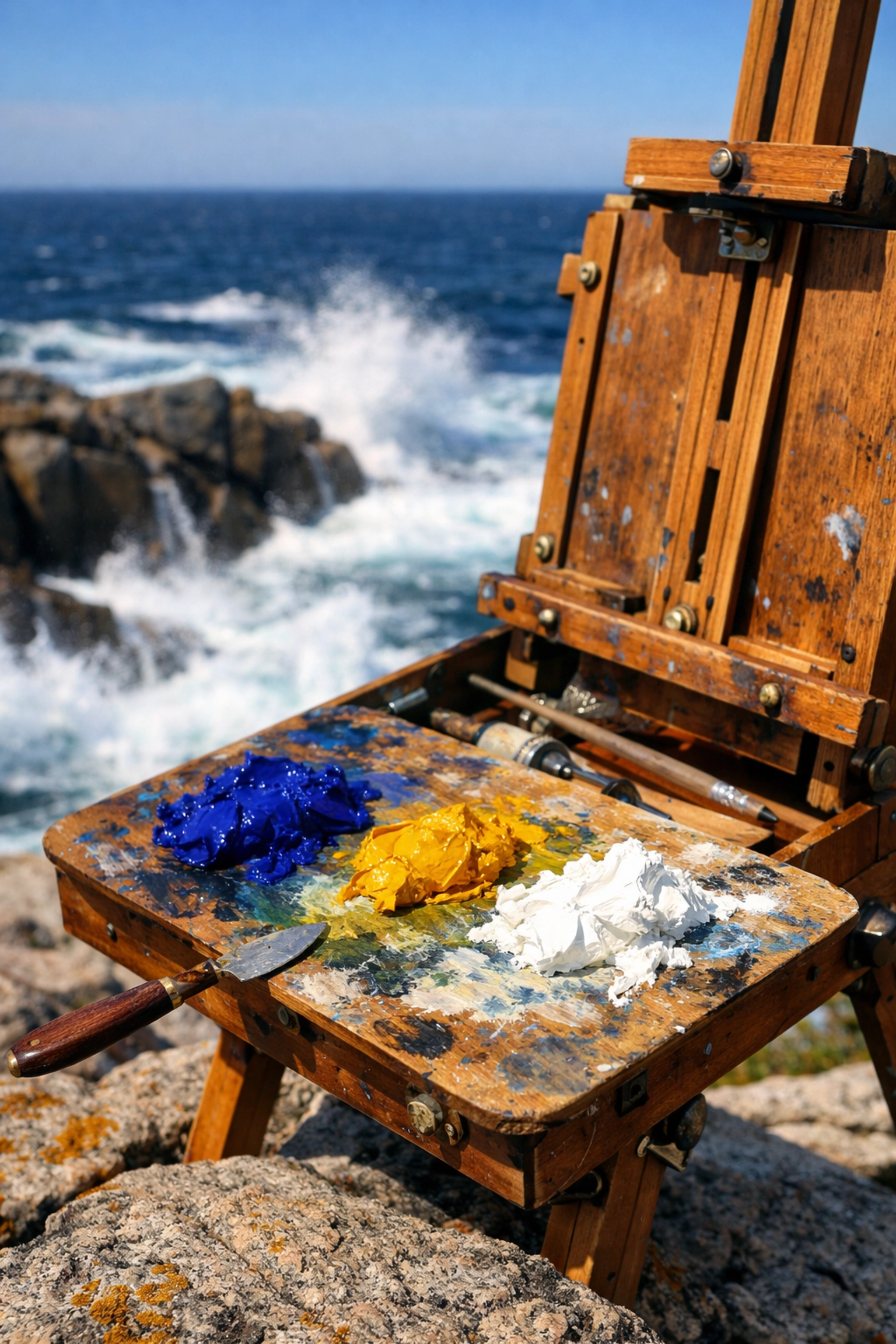 A plein air painter's easel and palette on the rocky Gloucester coast overlooking the Atlantic Ocean.