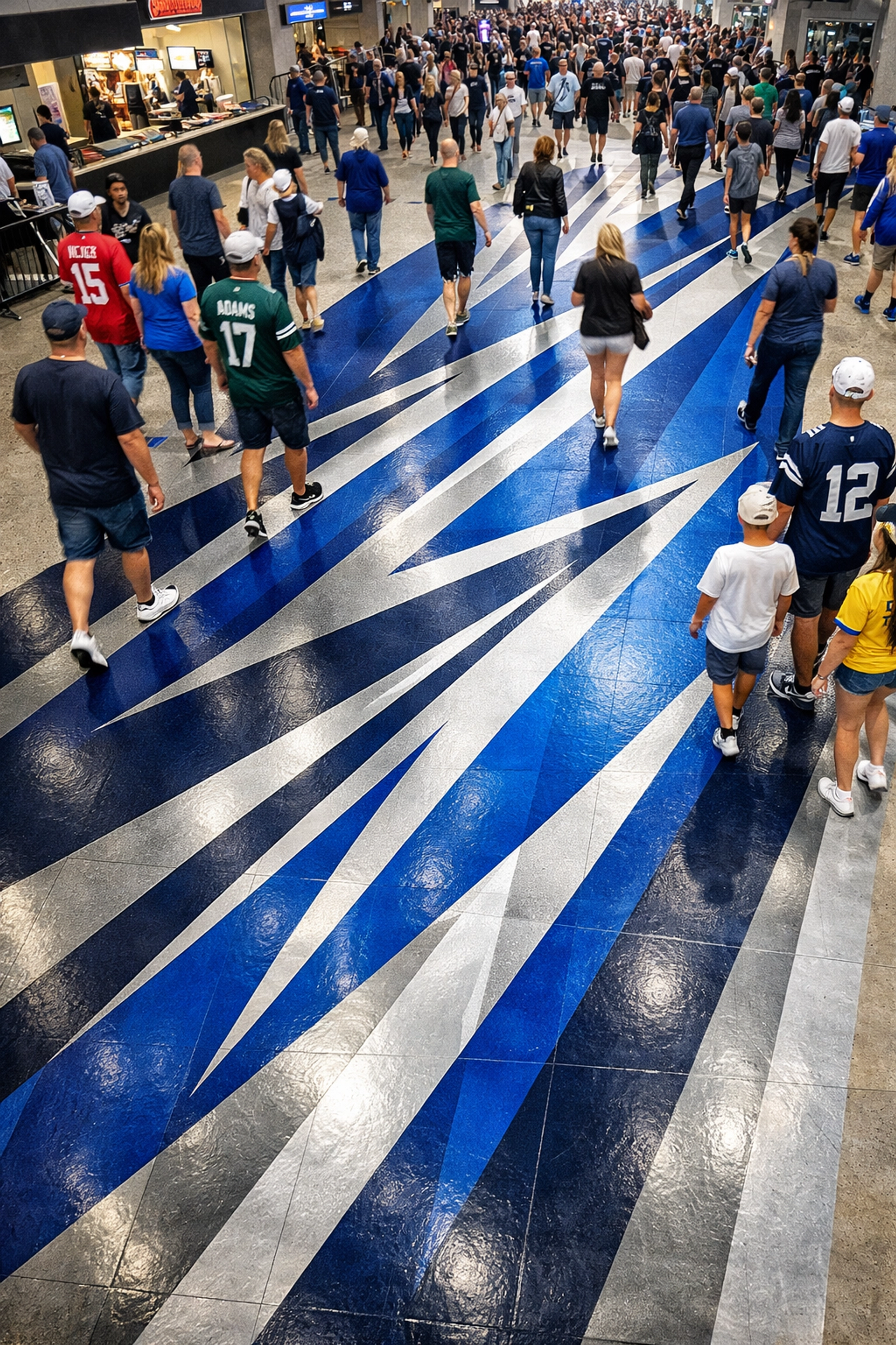 Fans walking over high-resolution stadium floor graphics during Super Bowl 2026.