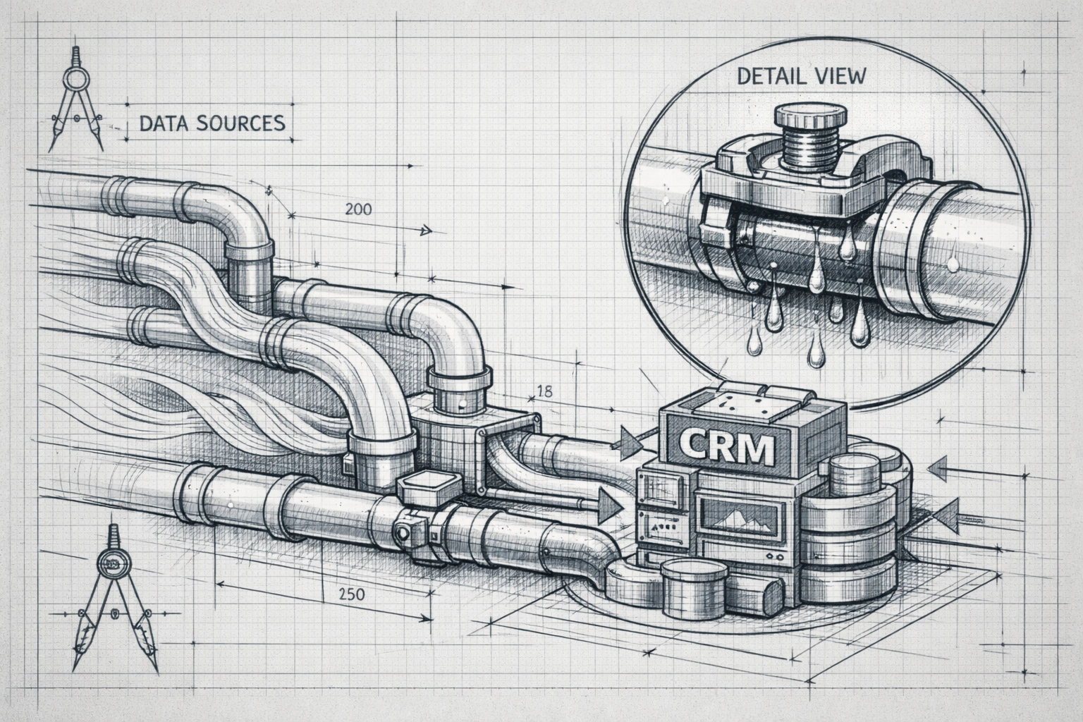 Architectural blueprint showing CRM automation and pipeline automation to eliminate revenue leakage.
