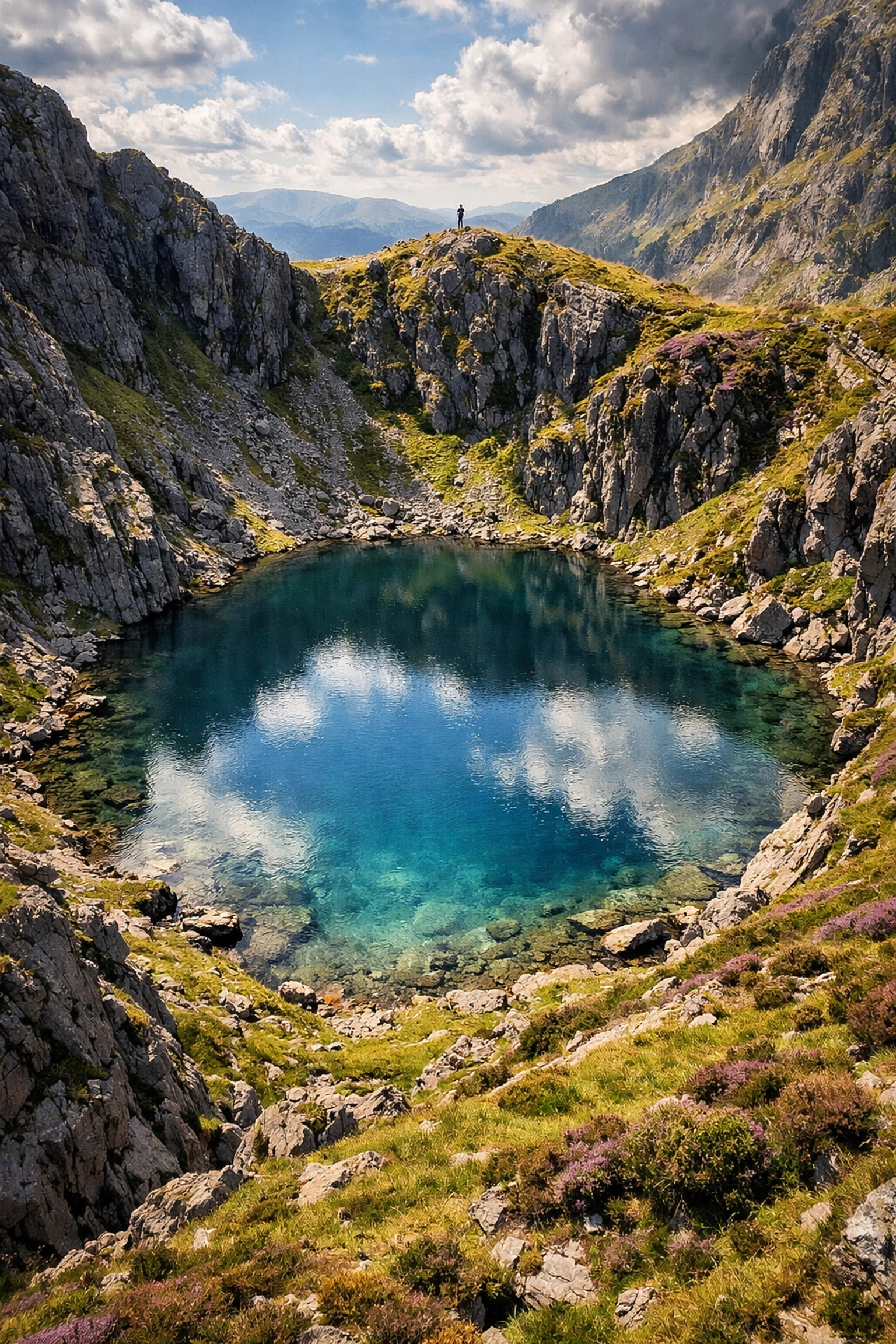 Hidden mountain tarn in Lake District surrounded by rocky crags on secluded hiking route