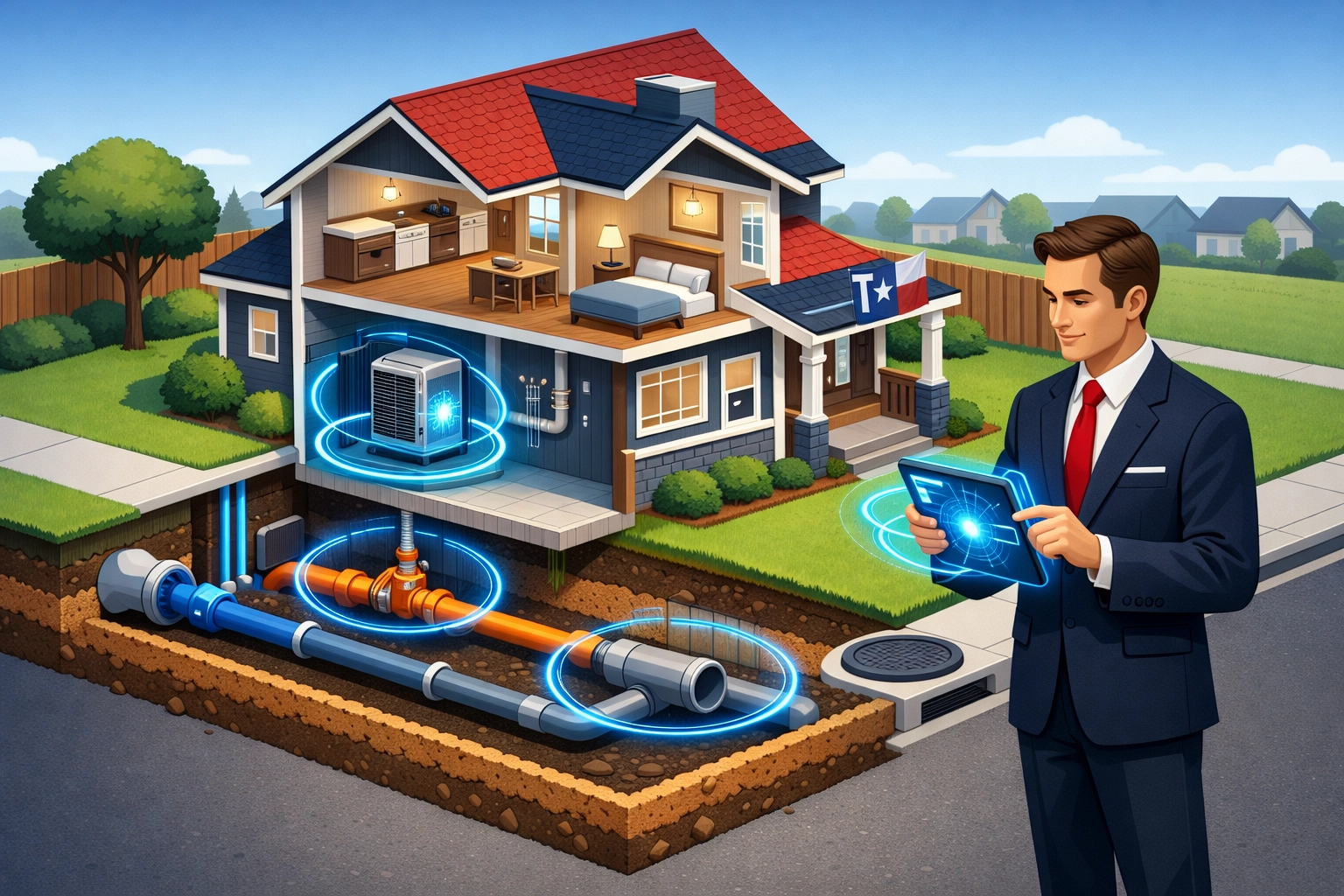 Insurance advisor using a tablet to audit HVAC and utility line protection on a Texas homeowners policy.