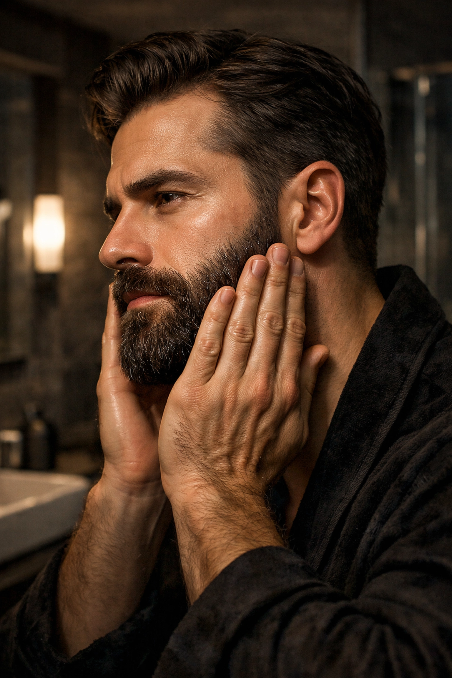 Styling a thick, well-groomed beard with high-quality wax for a polished and professional appearance.