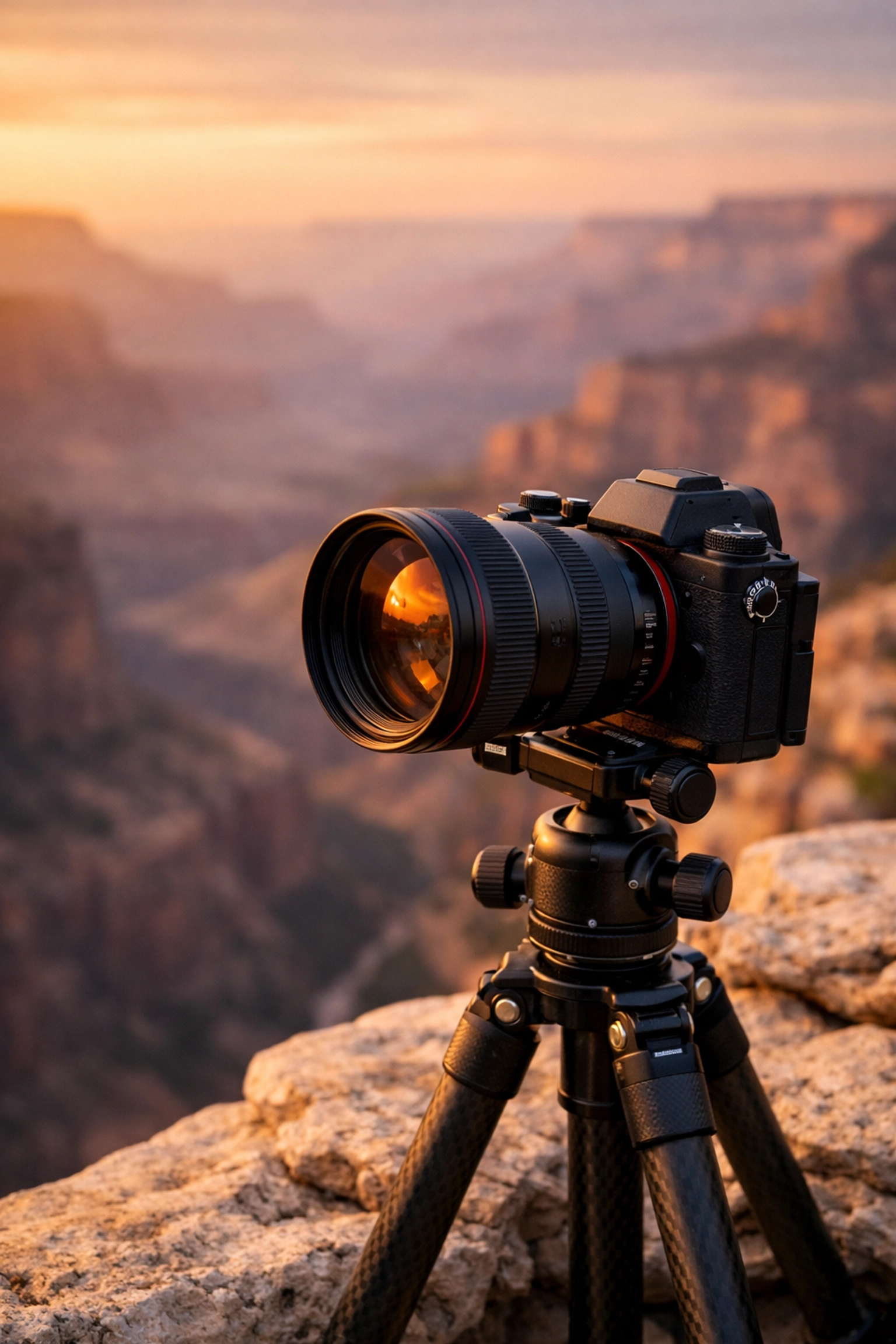 Professional camera on a tripod at a canyon edge during golden hour for landscape photography.