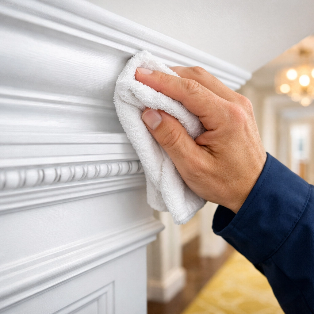 A professional cleaner dusting intricate trim work during a luxury house cleaning in Duxbury.