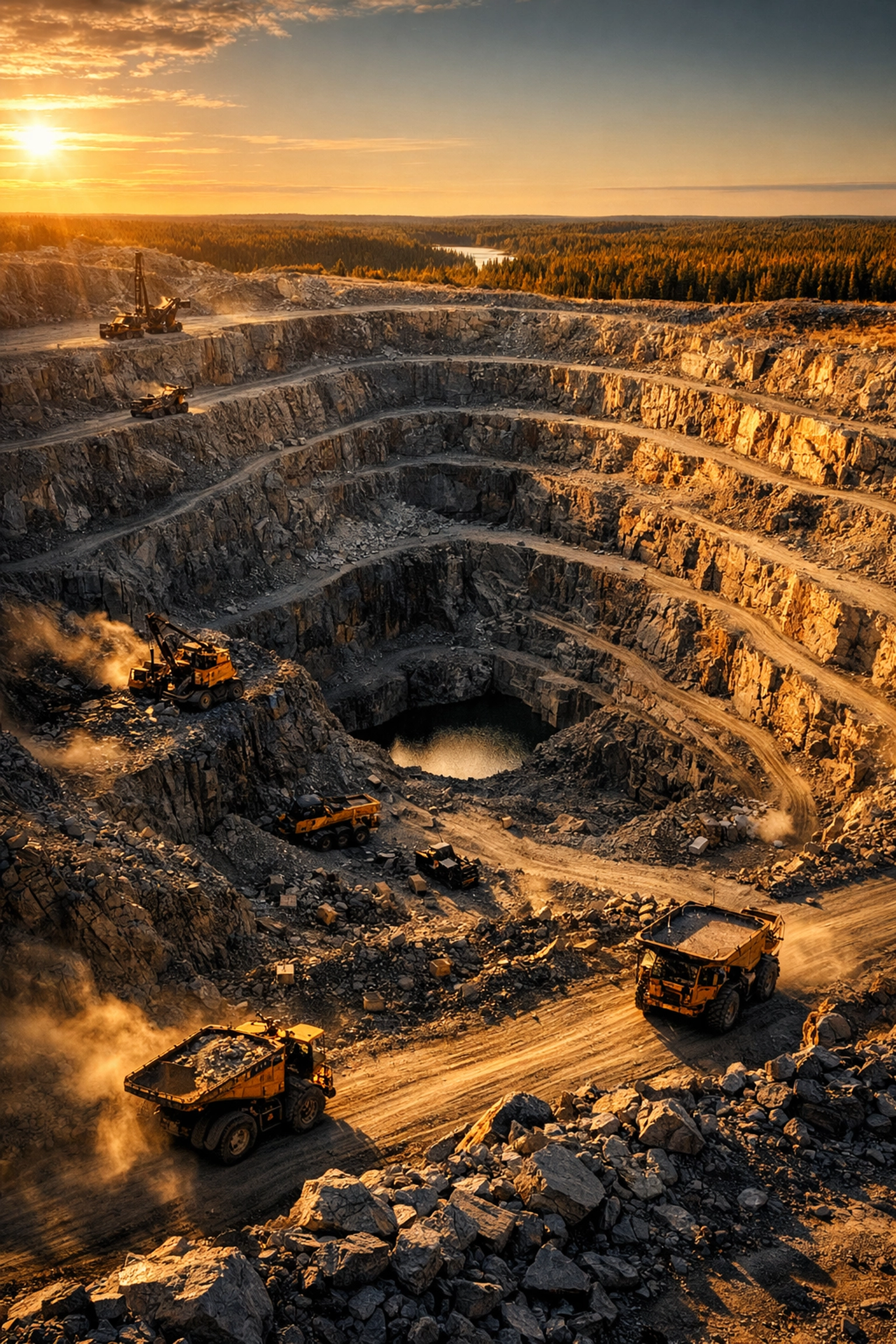 Aerial view of open-pit gold mine in Northern Ontario showing terraced mining operations
