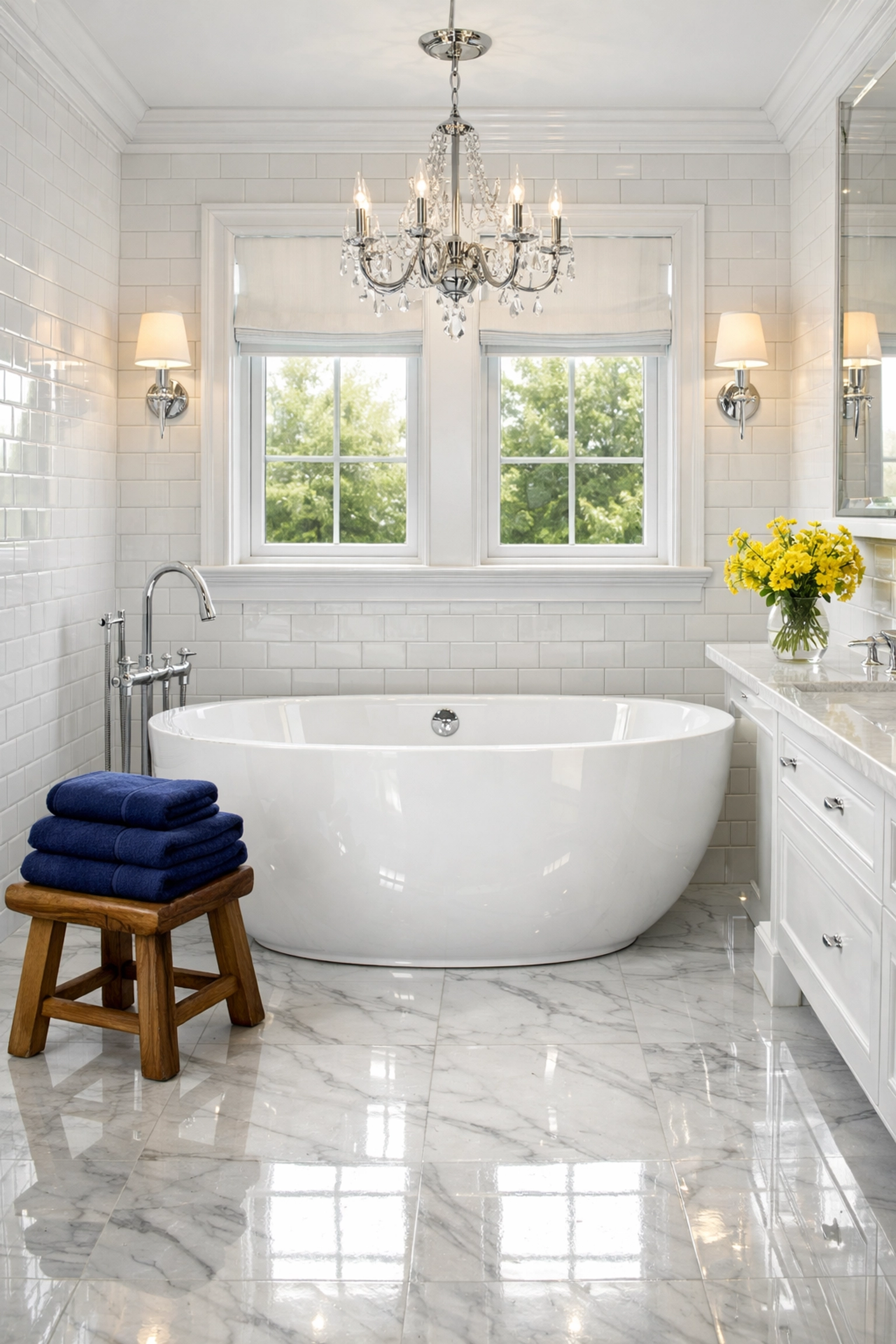 A sanitized master bathroom in Andover MA with gleaming subway tiles and a freestanding soaking tub.