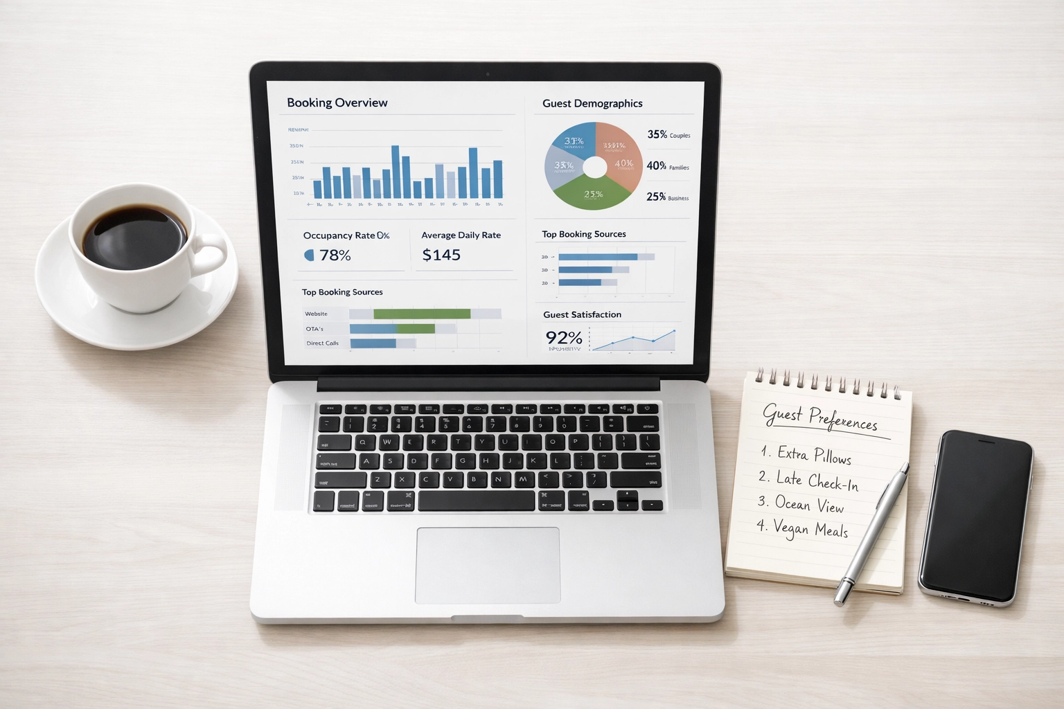 Hotel booking analytics dashboard displaying guest data and reservation insights